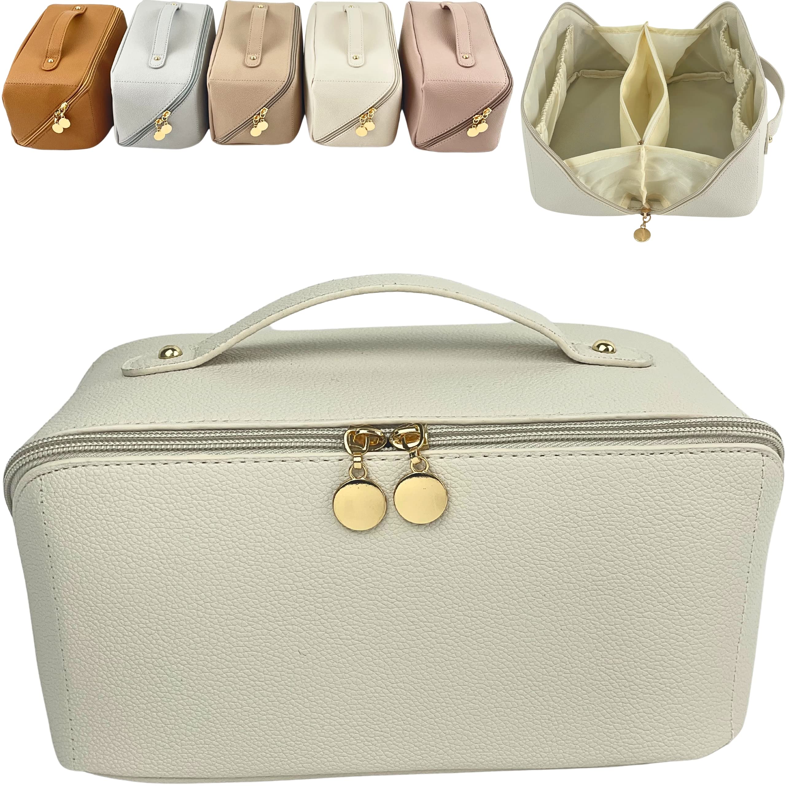 JAZD Large Capacity Travel Cosmetic Bag - Waterproof Leather Makeup Organizer with Handle & Divider - Flat Opening for Easy Access - Perfect for Travel, Gym & Daily Toiletry Storage