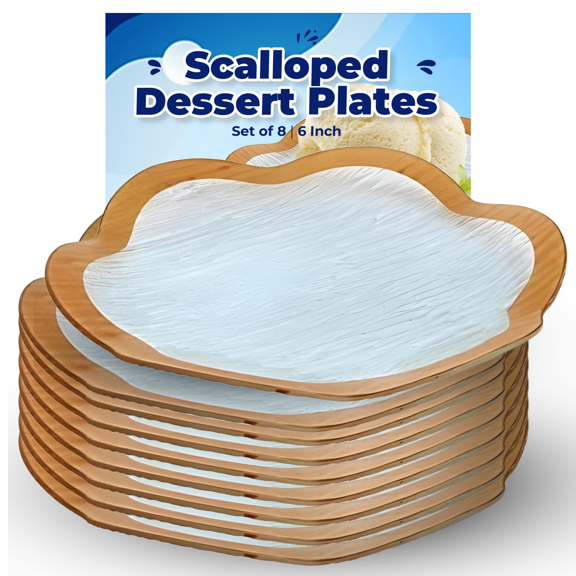 GAC Scalloped Tempered Glass Round Dessert Plates Set of 8 - 6 Inch Microwave & Oven Safe with Elegant Gold Trim - Durable Decorative Serving Plates for Parties, Weddings, and Holiday Entertaining