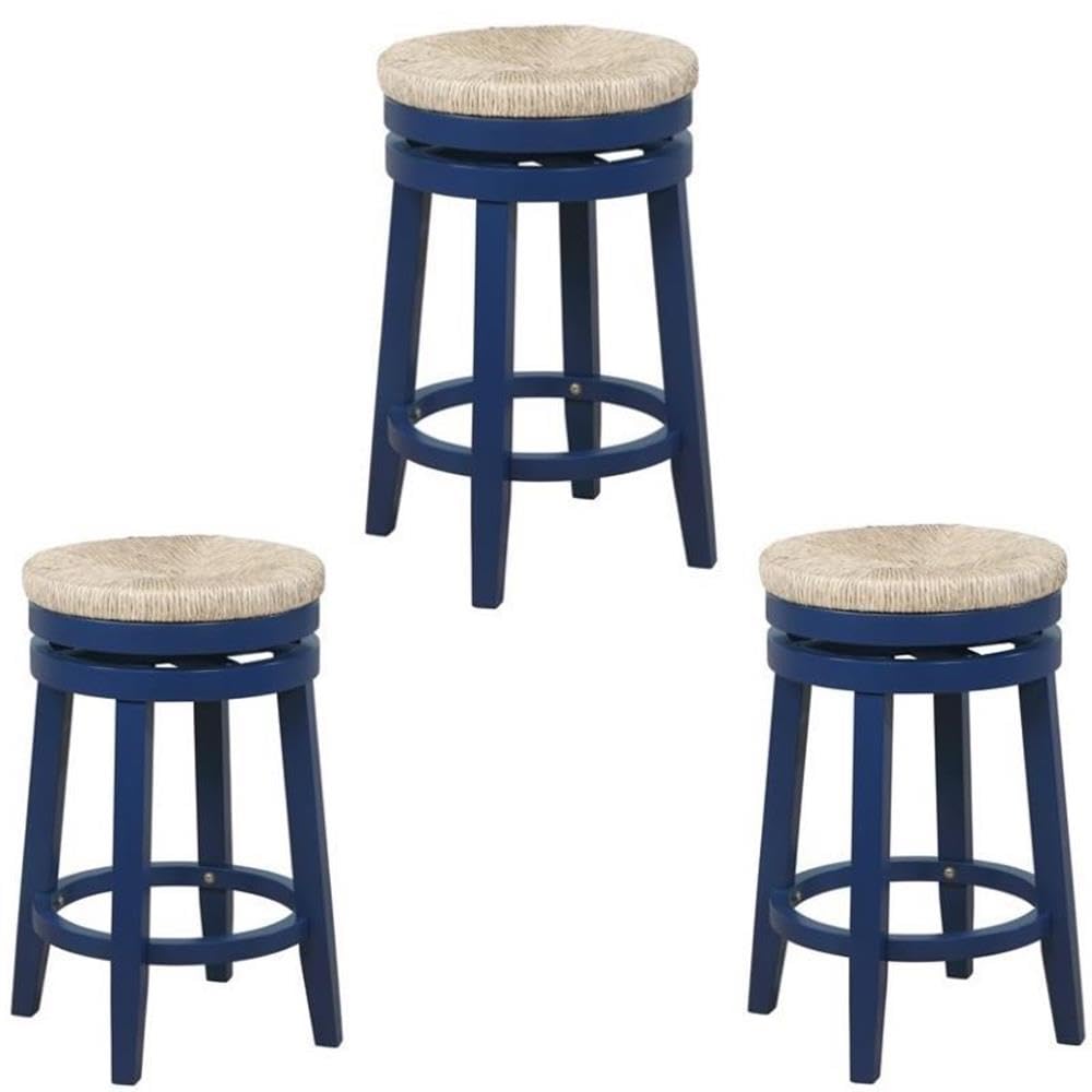 Home Square 3-Piece Solid Wood Swivel Bar Stool Set - Navy Blue Rush Seat - Kitchen Island, Breakfast Nook & Home Bar Counter Stools