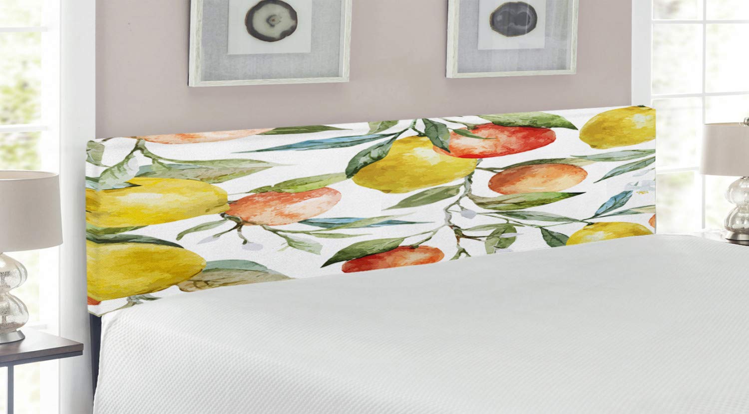 Ambesonne King Size Upholstered Metal Headboard with Memory Foam - Citrus Fruit Tree Branches Vitamin Design for Winter Decor | Bedroom Upgrade for Modern Homes & Guest Rooms