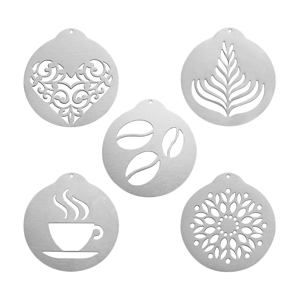 5-Piece Stainless Steel Coffee Stencil Set for Latte Art, Cappuccino Decor & DIY Coffee Flower Designs - Barista Tools, Kitchen Gadgets for Home Brewing & Coffee Shop Use