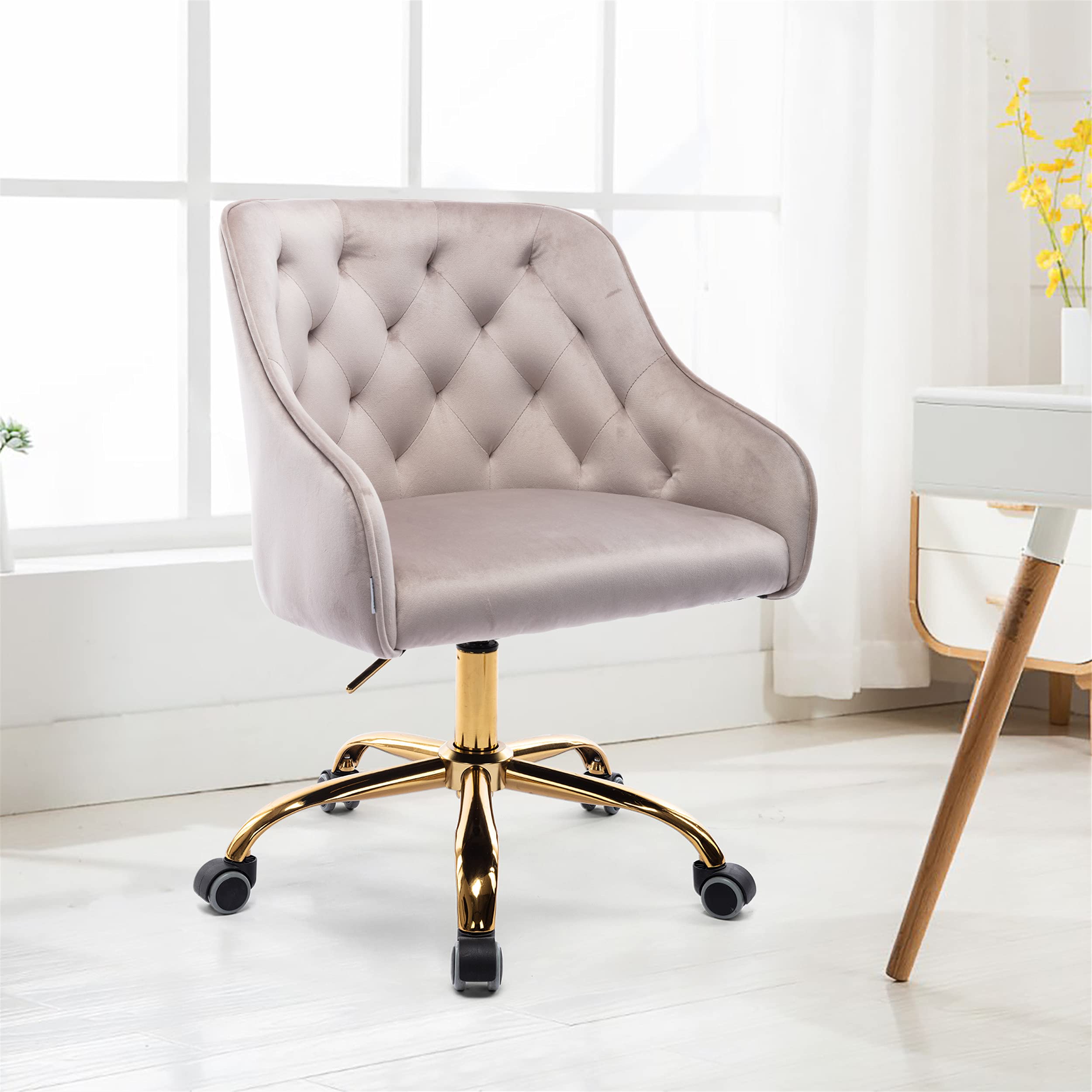 Goujxcy Velvet Home Office Chair with Metal Base - Modern Adjustable Swivel Desk Chair with Arms - Ergonomic Computer Chair for Work, Study & Gaming