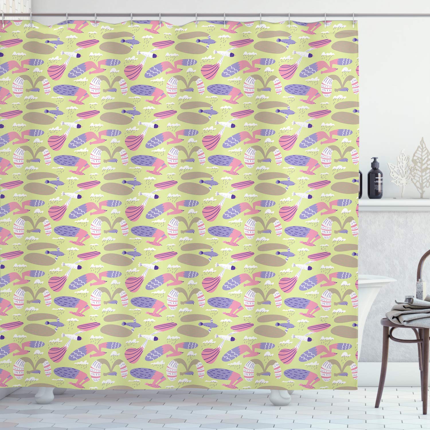 Ambesonne Animals Shower Curtain - Cartoon Flying Seagulls & Doodle Birds Pattern, 69x75 Inch Fabric Bathroom Decor with Hooks - Waterproof Polyester for Coastal & Nautical Themed Bathrooms