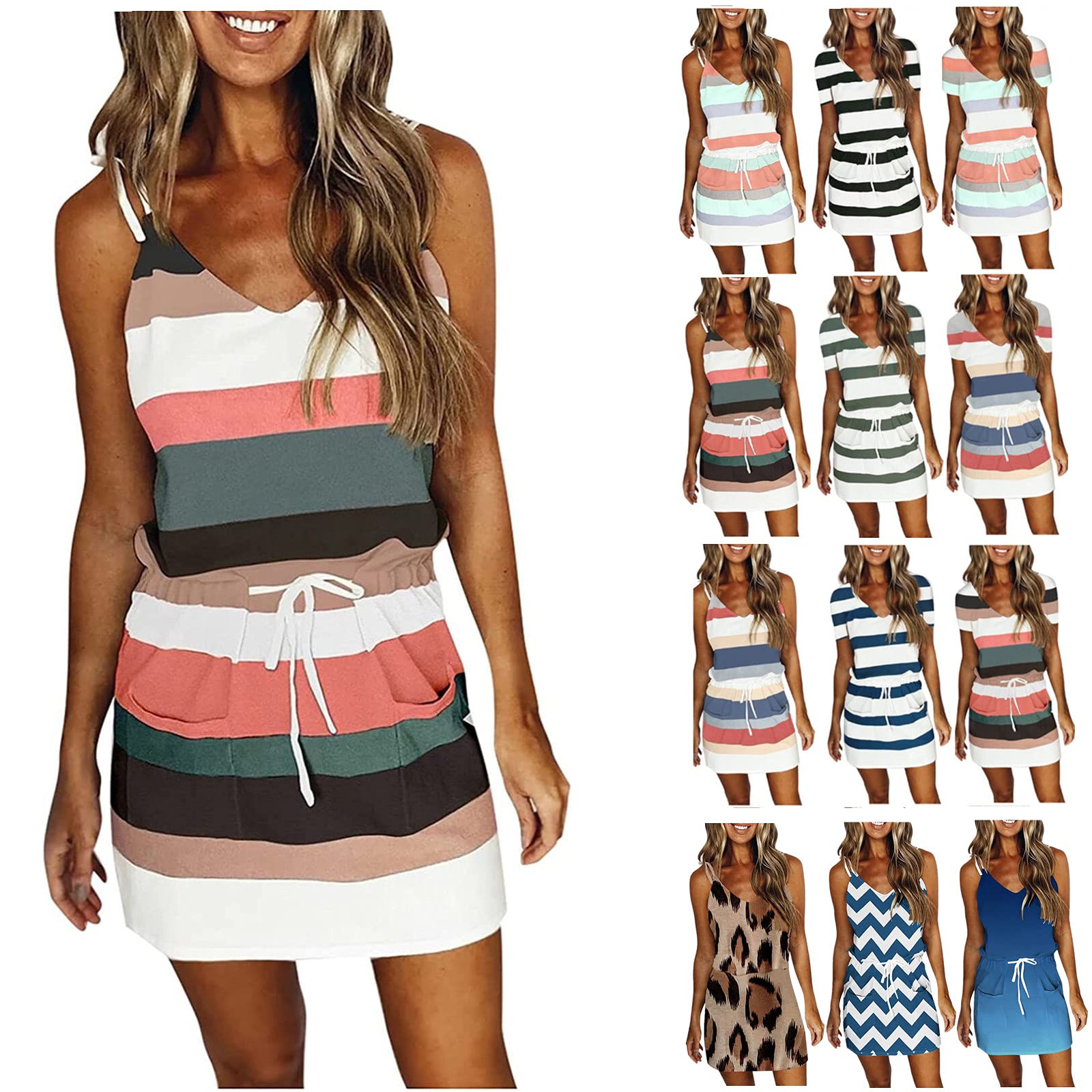 Sunyuan Women's Striped V-Neck Spaghetti Strap Sundress - Sleeveless Summer Mini Dress with Belt | Beachwear, Vacation Outfit & Casual Day Dress