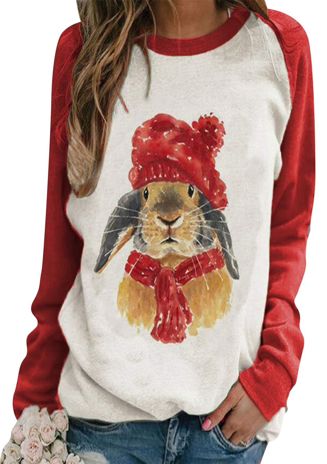 Cute Easter Rabbit Printed Women's Sweatshirt - Long Sleeve Casual Top for Bunny Lovers | Perfect Gift for Easter, Spring Outfits & Cozy Lounge Wear