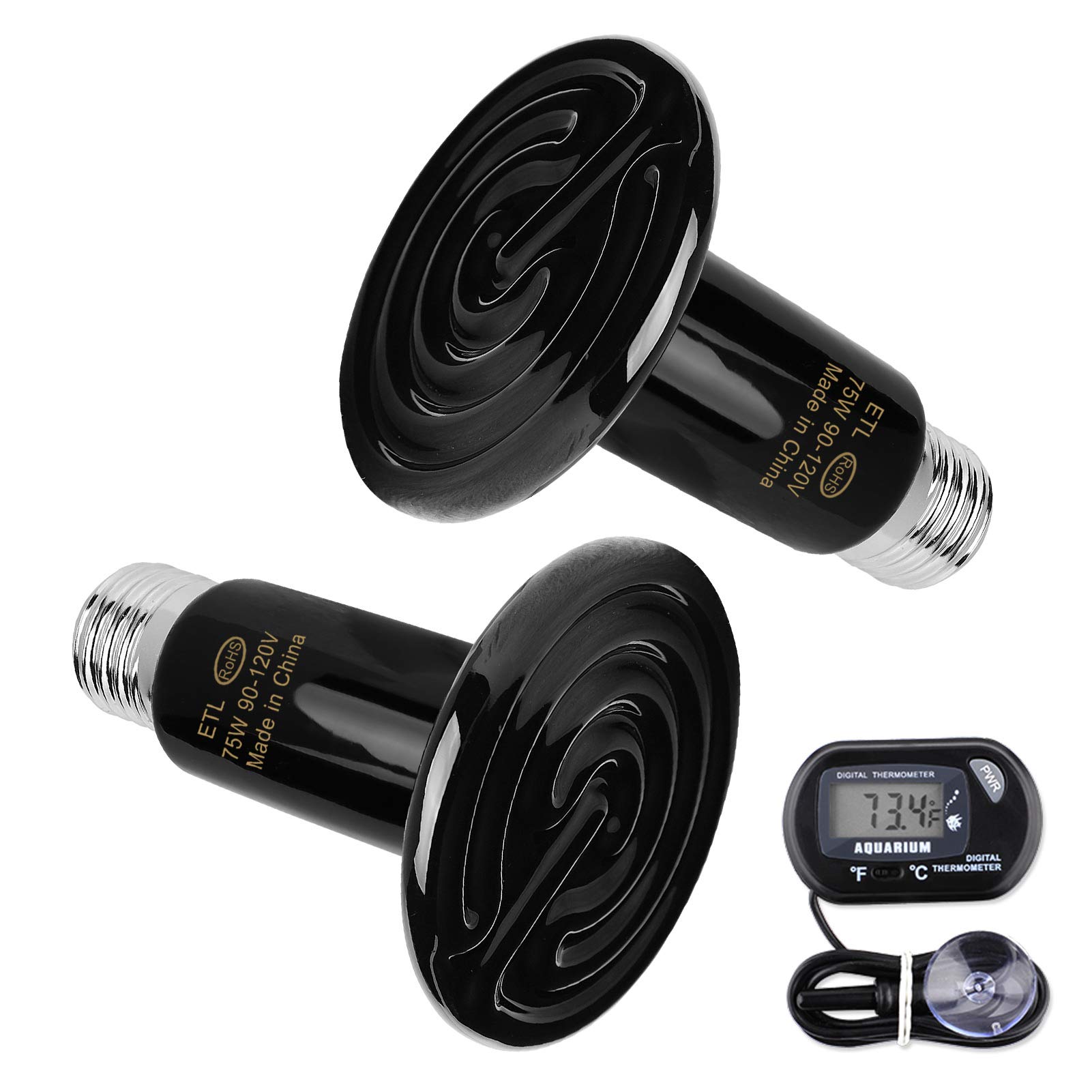 OMAYKEY 2 Pack 75W Ceramic Heat Lamp with Digital Thermometer - Infrared Reptile Heat Emitter Bulb for Pet Brooder Coop, Chicken, Lizard, Turtle, Snake & Aquarium - No Light, Safe Heating Solution for Reptile Tanks & Chicken Coops