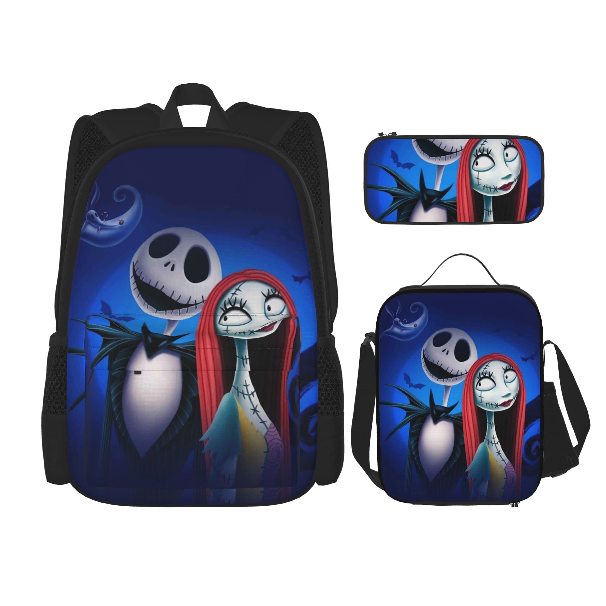 Halloween Nightmare 3-Piece Backpack Set - Cartoon School Backpack with Lunch Box & Pencil Case for Girls, Teens, Women & Men | Durable Laptop Bag for School, Hiking, Camping & Christmas Gifts | Wear-Resistant Daypack for Daily Use