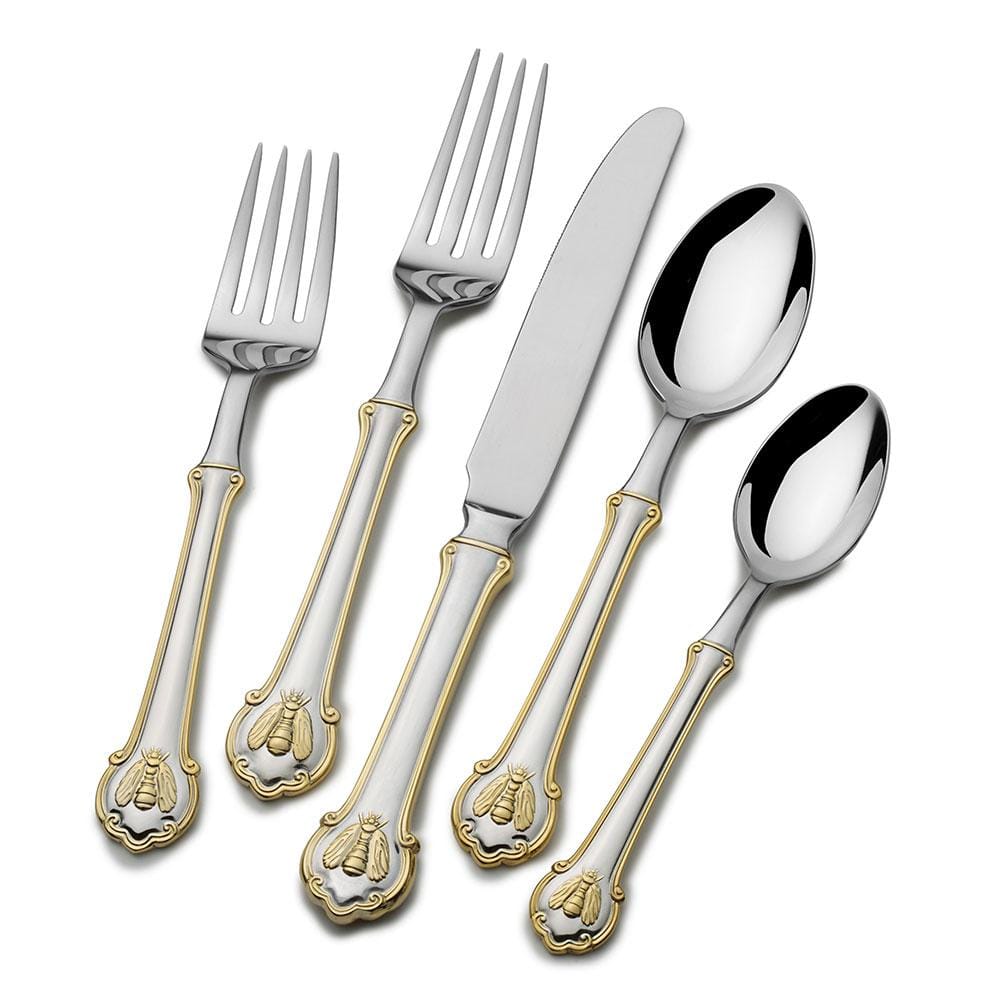 Napoleon Bee Gold Accent 45-Piece Flatware Set - Service for 8 - Elegant Stainless Steel Cutlery Set for Dining, Wedding Gifts & Home Entertaining