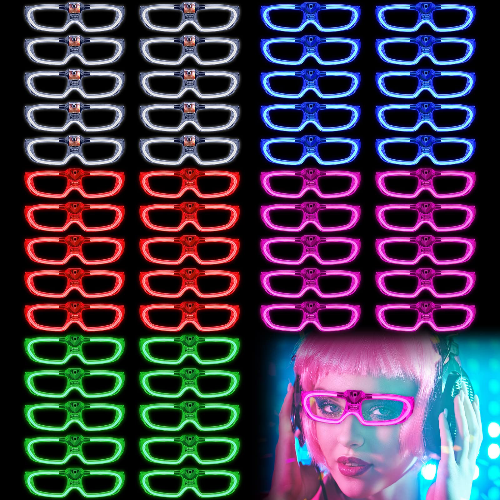 Neon LED Light Up Glasses - Bulk Glow in the Dark Flashing Sunglasses for Rave, Carnival, Birthday Party & Nightclub Events | Fun Party Accessories for Halloween, Concerts & Festivals