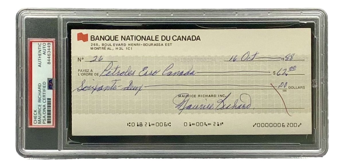 Maurice Richard Autographed Montreal Canadiens Bank Check #26 PSA/DNA Certified - Perfect for Hockey Memorabilia Collectors and Sports Fans Display
