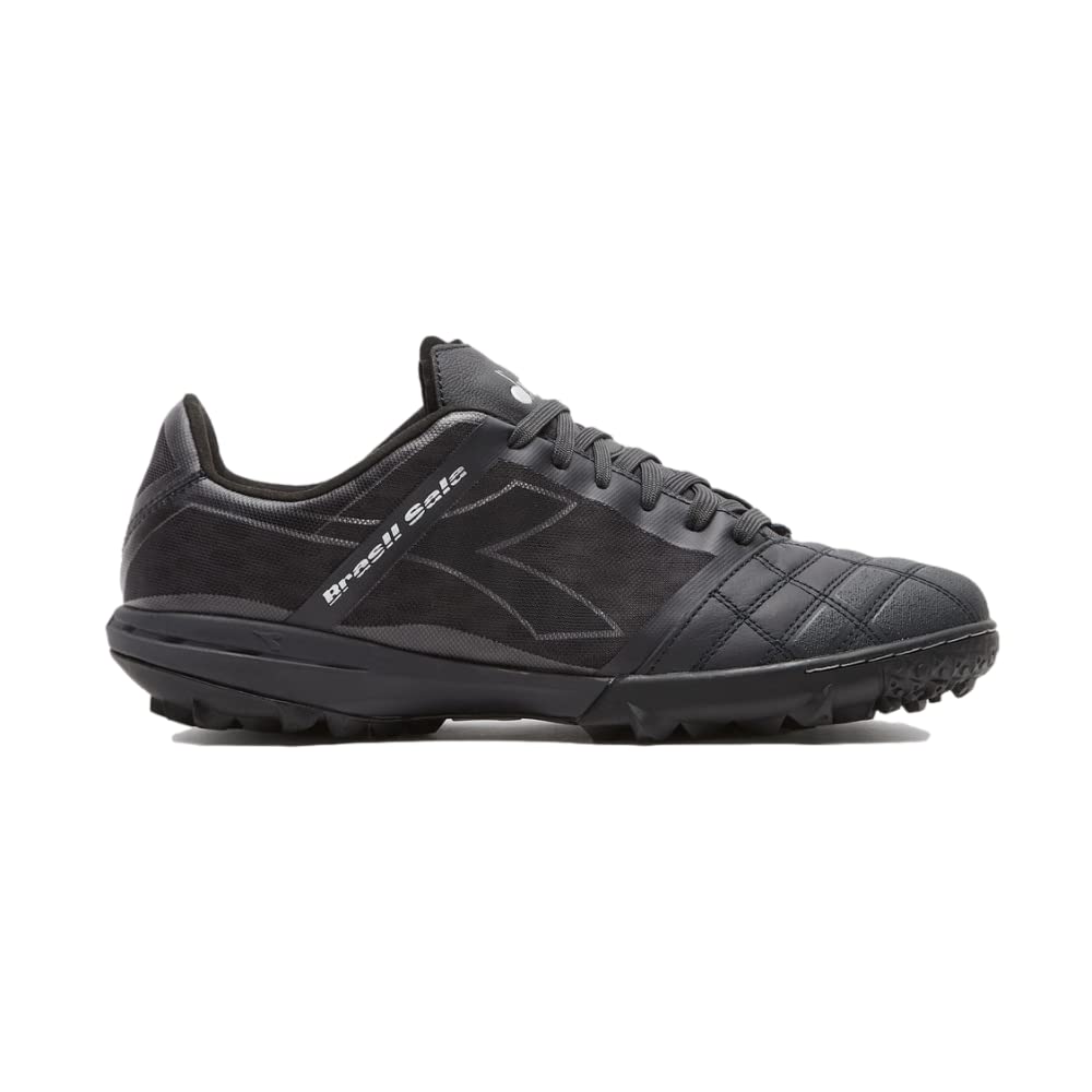 Diadora Brasil Sala Turf Soccer Shoes for Men - Black/Silver - Indoor & Outdoor Football Cleats for Artificial Grass & Hard Court Surfaces