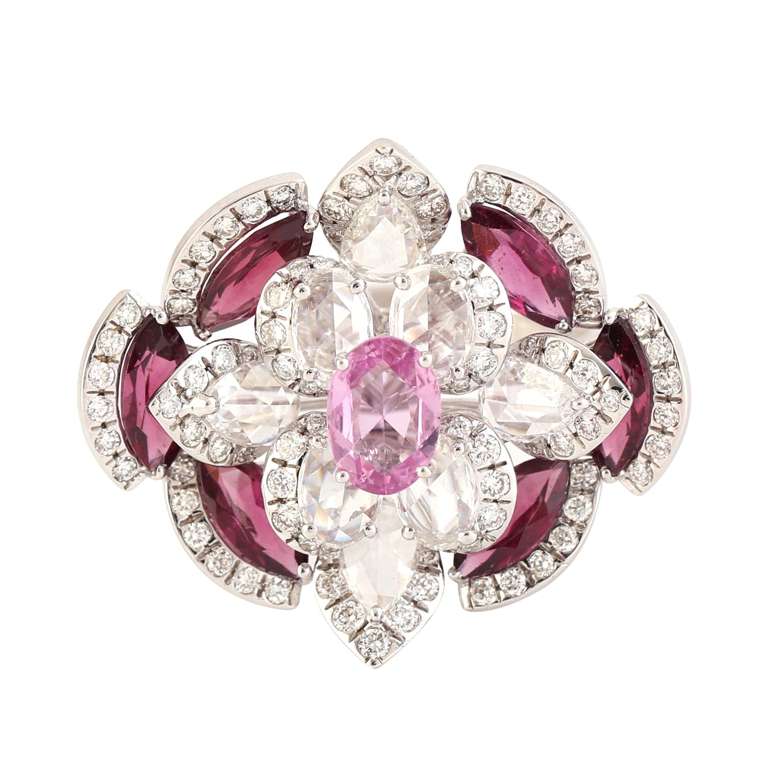 18K White Gold Marquise Ruby & Pink Sapphire Pave Diamond Ring with Rose Cut – Elegant Engagement, Wedding, Anniversary Gift for Her