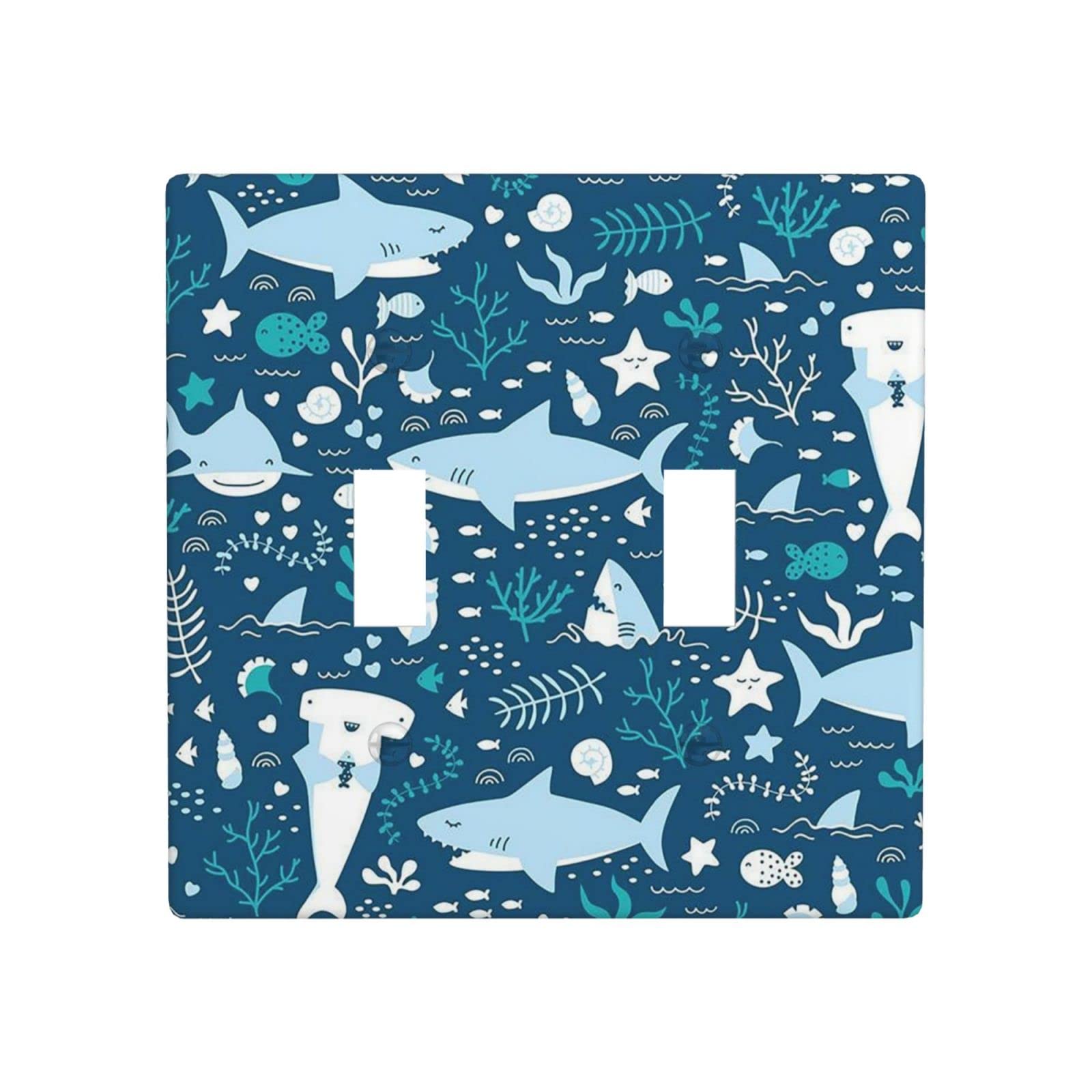 Blue Sharks Underwater Sealife Double Toggle Light Switch Cover - Decorative 2 Gang Wall Plate for Kitchen, Bathroom, Bedroom - 4.5 x 4.5 Inch - Perfect for Beach House Decor & Ocean Theme Rooms