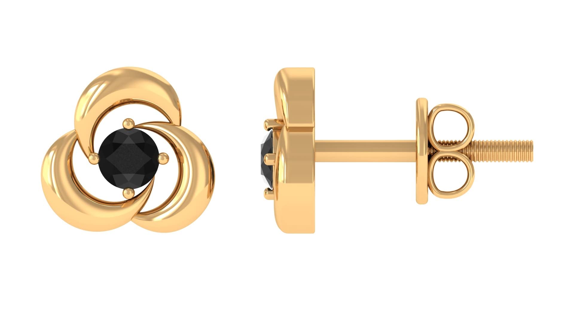 14K Solid Gold Black Spinel Solitaire Stud Earrings for Women | August Birthstone Jewelry | Elegant Swirl Design for Everyday Wear & Special Occasions