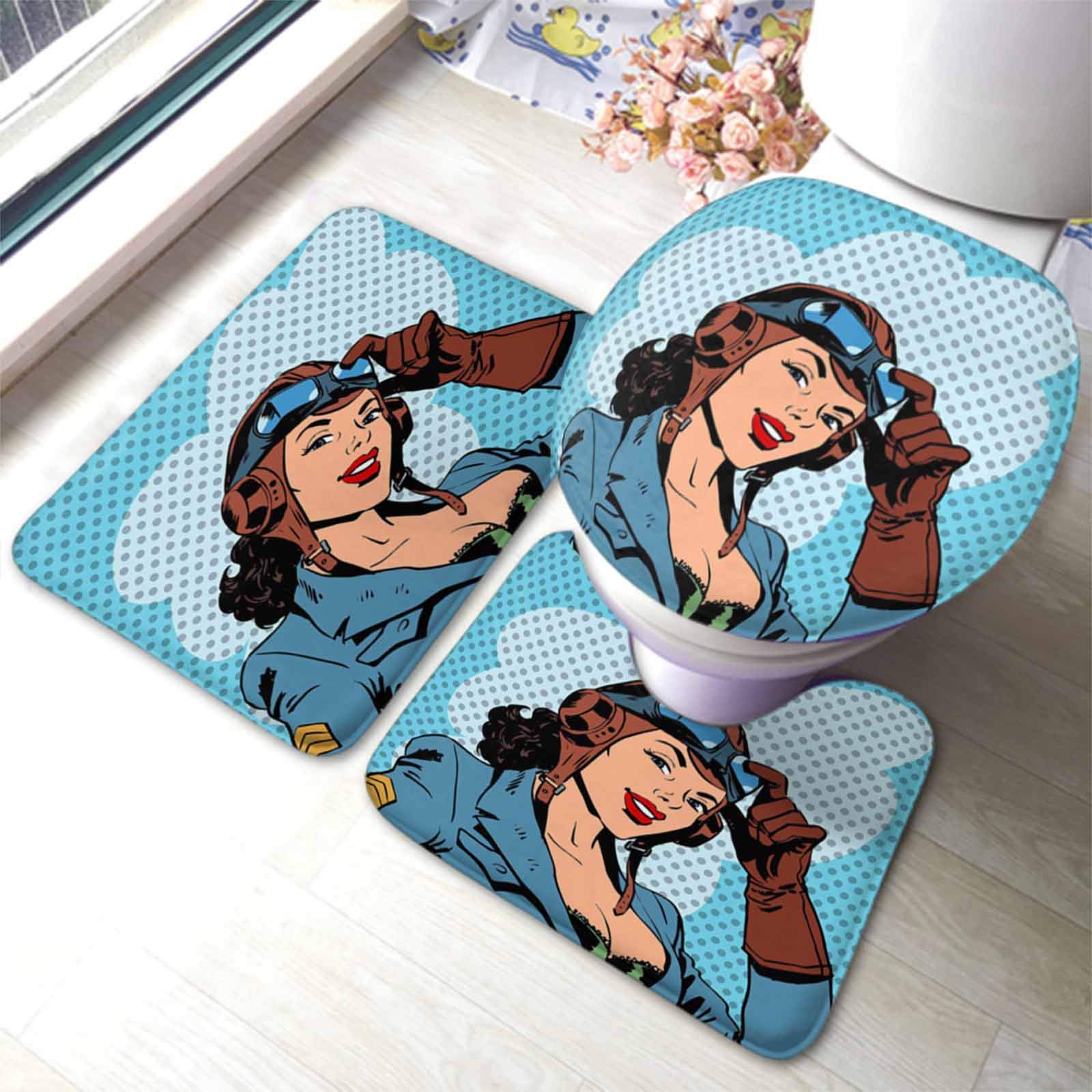 Stylish HOSNYE Girl Pilot 3-Piece Bathroom Rug Set - Aviation Army Pop Art Retro Comic Design with U-Shaped Contour Mat & Toilet Lid Cover - Perfect for Kids' Bathrooms, Themed Decor, and Aviation Enthusiasts