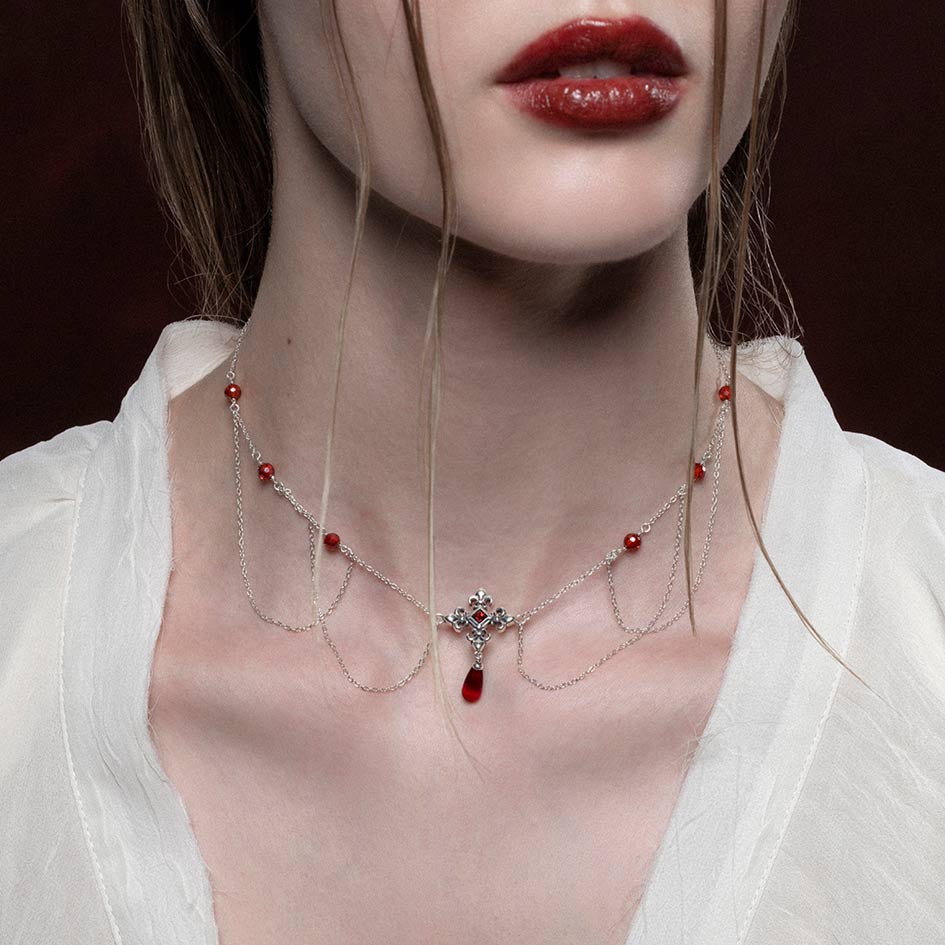 Mutiny Fleur de Lis Multi Drop Garnet Collar Necklace in Sterling Silver - Elegant Gothic Jewelry for Women, Perfect for Parties, Weddings & Special Occasions