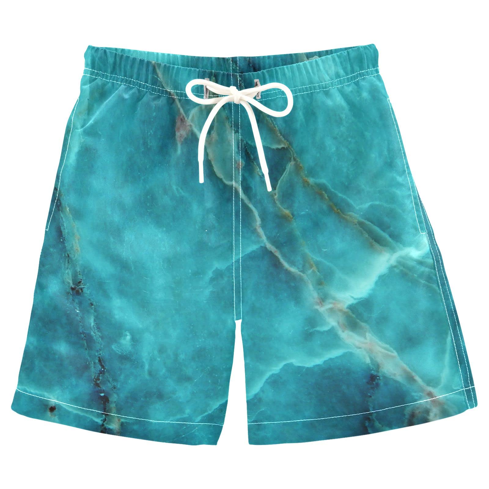 Boys' Green Marble Swim Trunks - Toddler Swim Shorts with Pockets for Beach & Pool (Ages 8-14 Years) | Perfect for Summer Vacation, Water Parks & Swimming Lessons