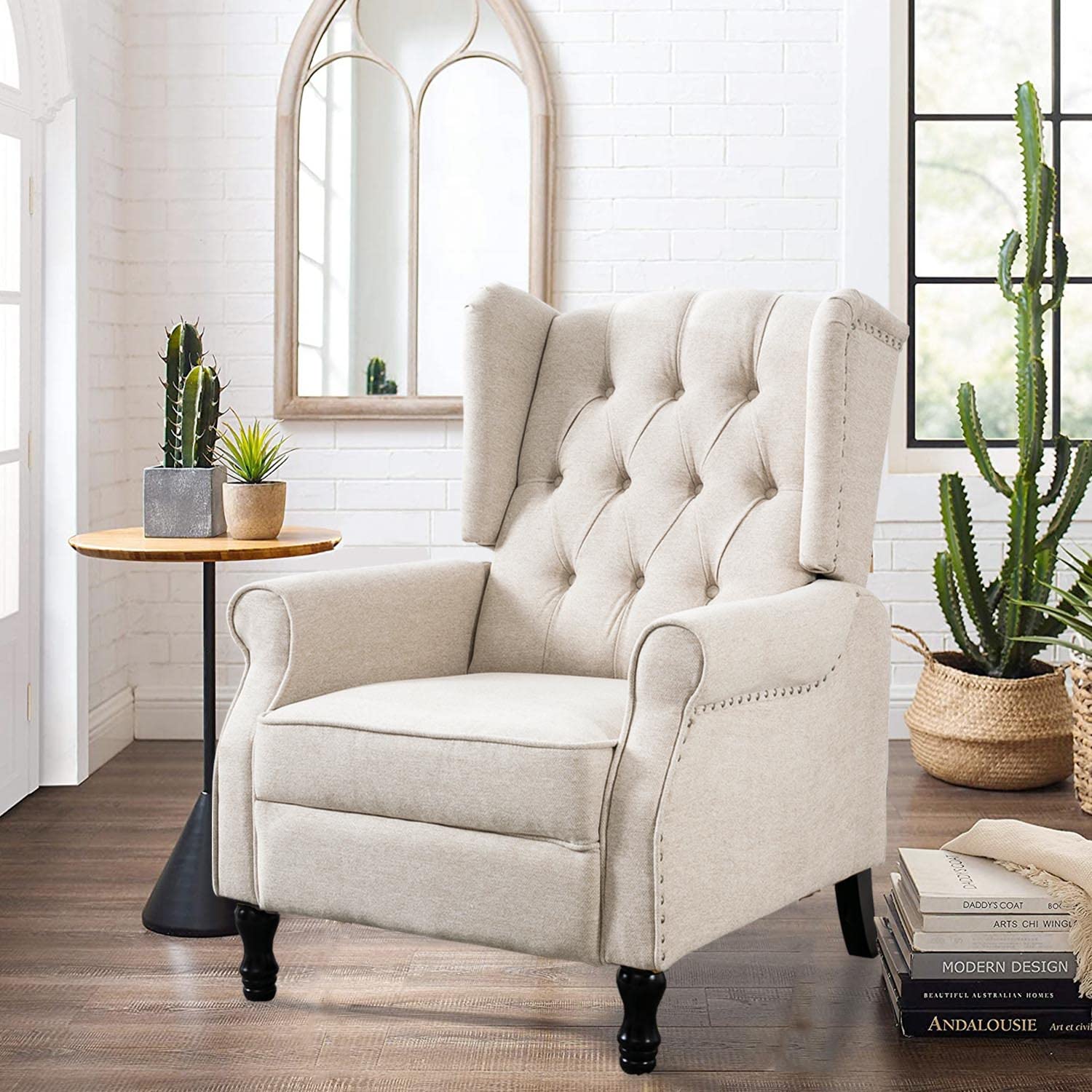 Altrobene Pushback Recliner Chair - Modern Fabric Wingback Accent Armchair for Living Room & Bedroom - Beige Home Decor - Perfect for Relaxing, Reading & Lounging