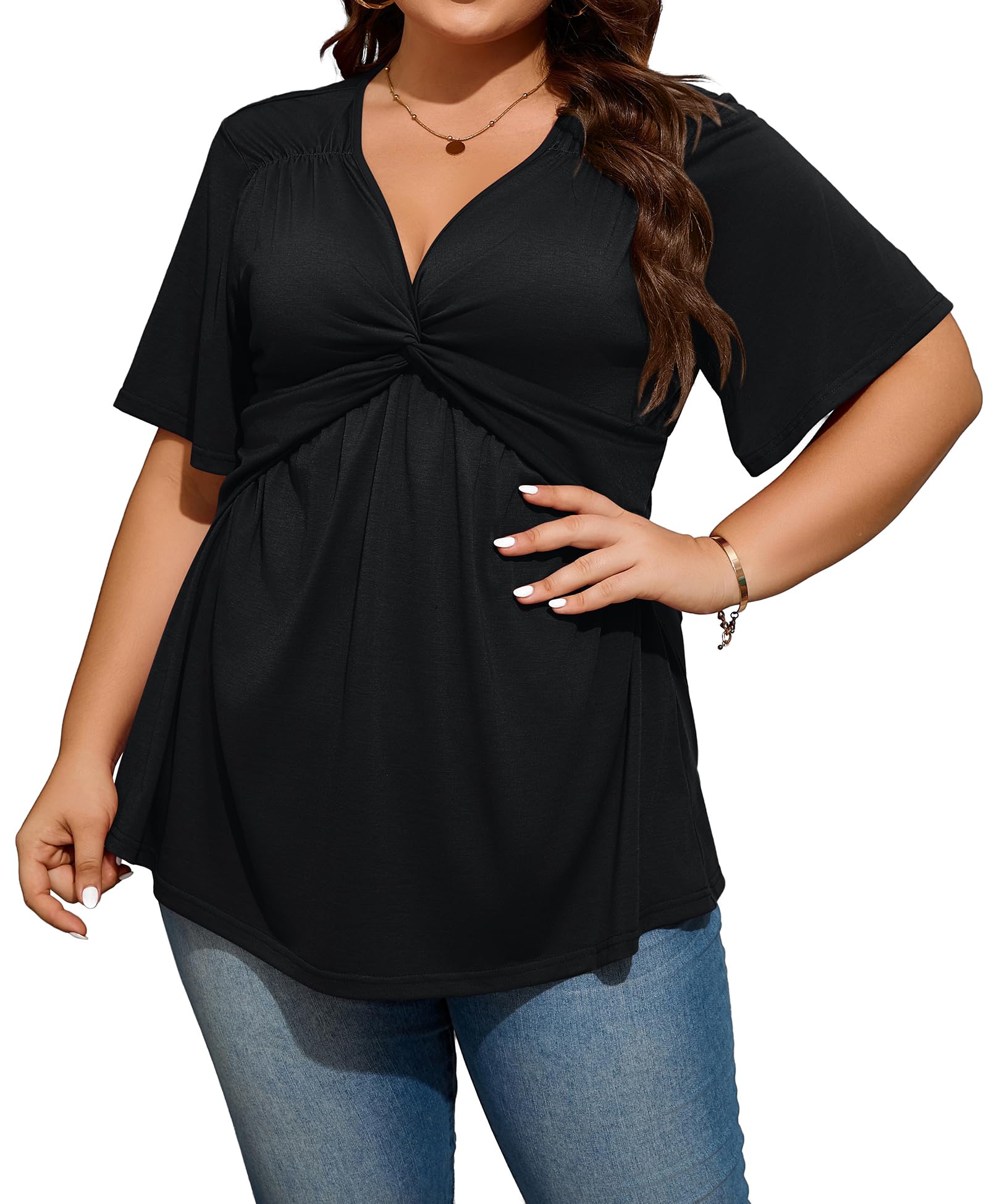 Plus Size Women's Twist Knot Short Sleeve Tunic Top - V Neck Low Cut Blouse (1X-5X) for Casual Wear, Office & Summer Outfits