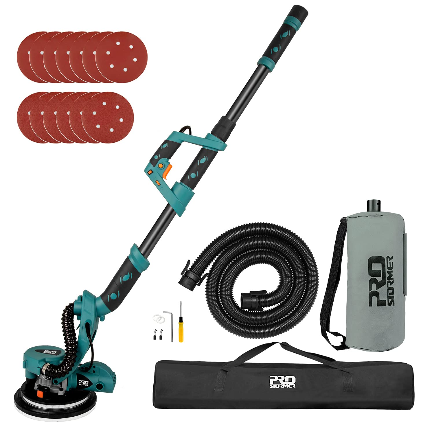 Prostormer 6.5A Electric Drywall Sander with Auto Vacuum System - Variable Speed 500-1800RPM, LED Light, 13 Sanding Pads, Extendable Handle & Carry Bag - Perfect for Drywall Repair, Home Renovation & Professional Construction Projects