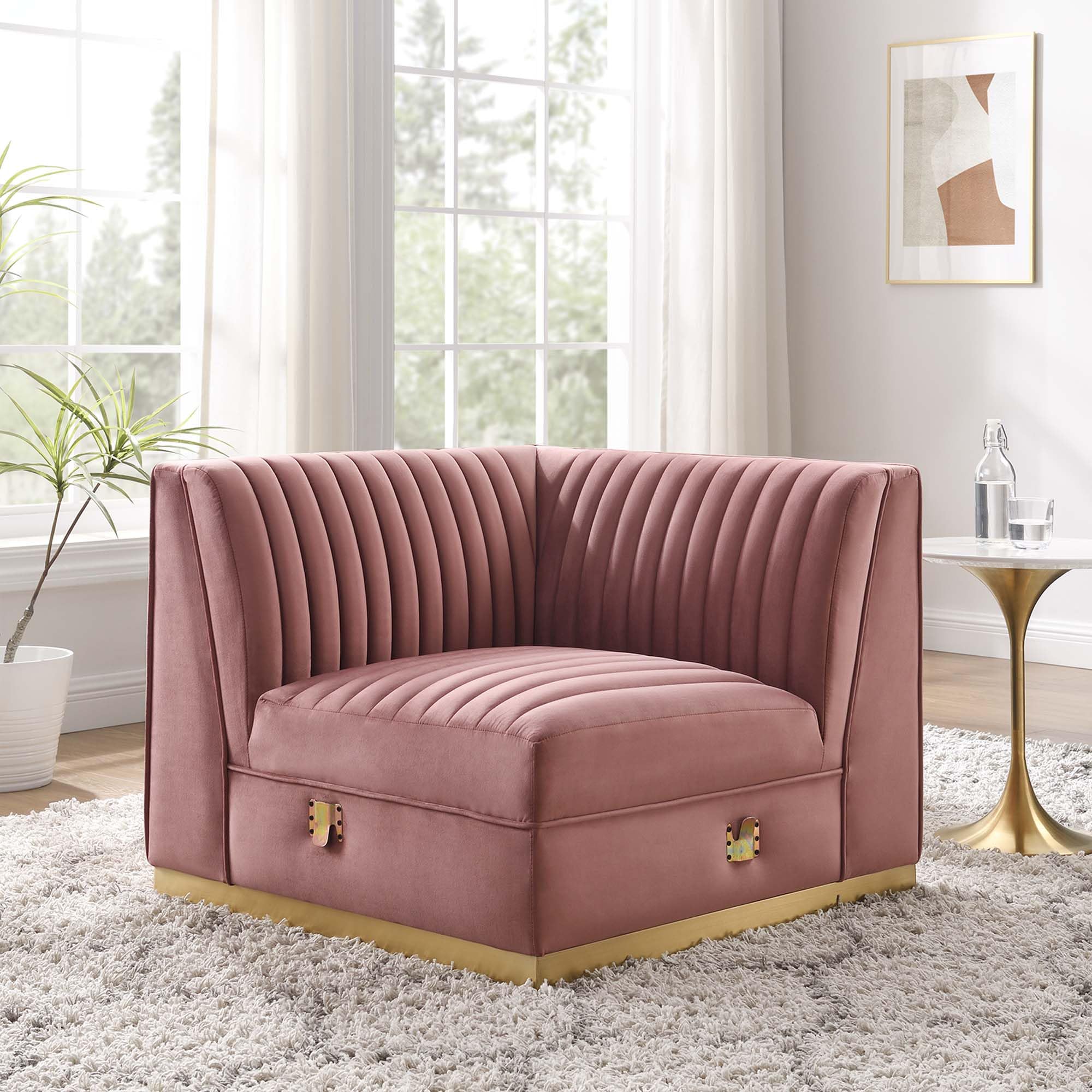 Modway Sanguine Channel Tufted Performance Velvet Modular Sectional Sofa with Ottoman - Left Corner Chaise Lounge in Dusty Rose | Modern Living Room Furniture for Small Spaces & Apartments