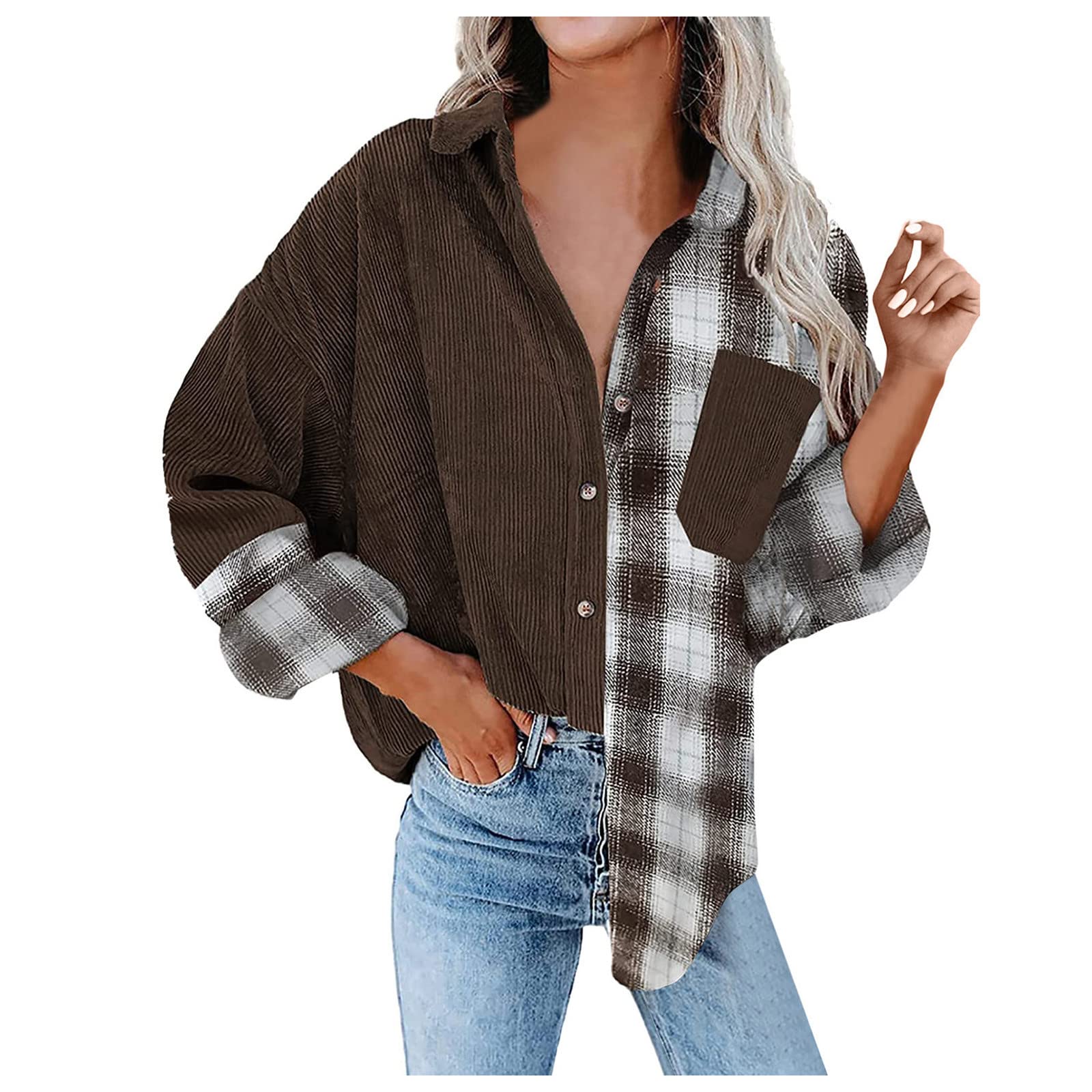 Women's Corduroy Plaid Long Sleeve Button-Down Shirt - Oversized Blouse Top & Casual Coat - Brown Fall Fashion for Halloween, Work, and Everyday Wear