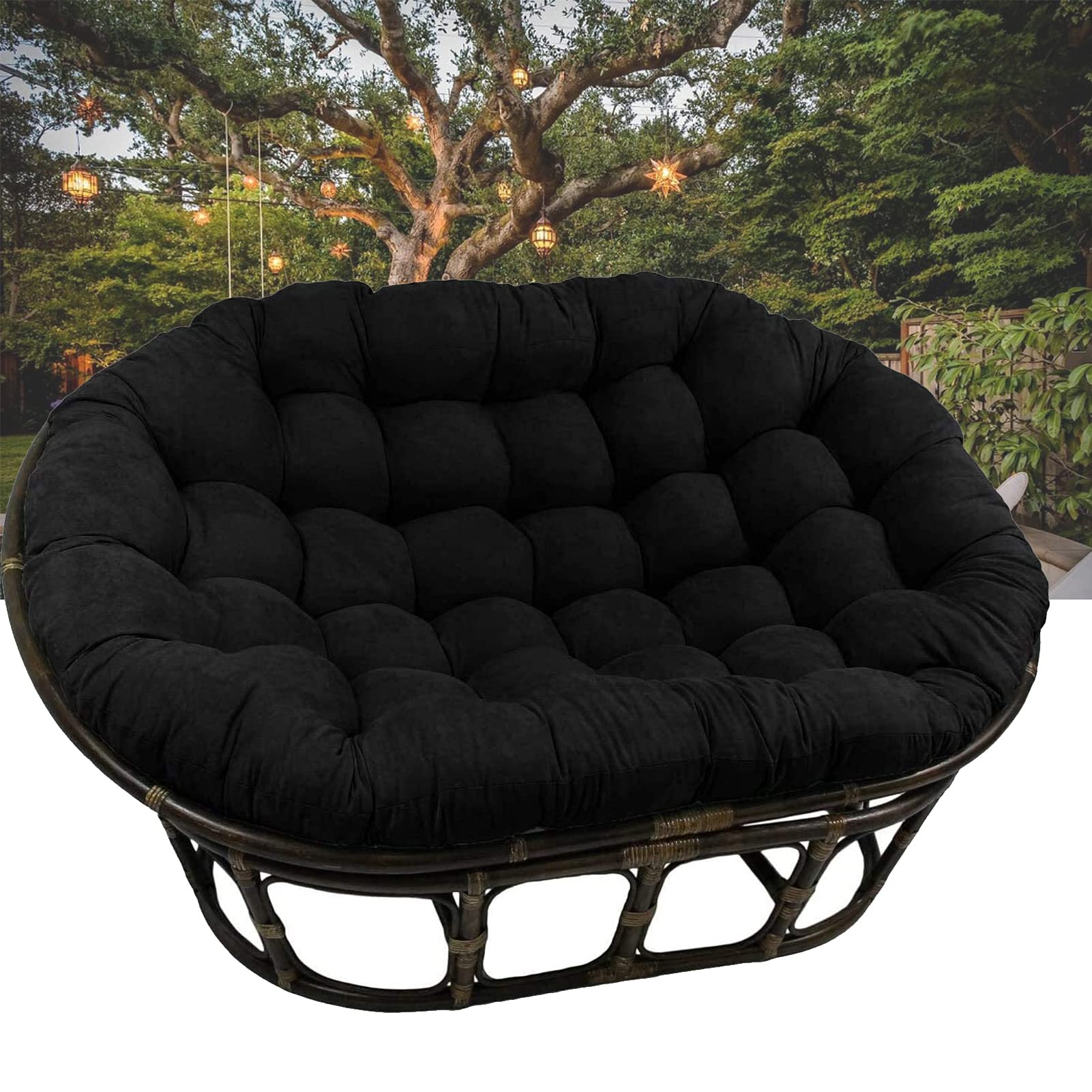 Double Papasan Chair Cushion & Egg Chair Pad with Ties - Outdoor Swing Hammock Seat Cushion for Patio, Garden, Porch - Black (67
