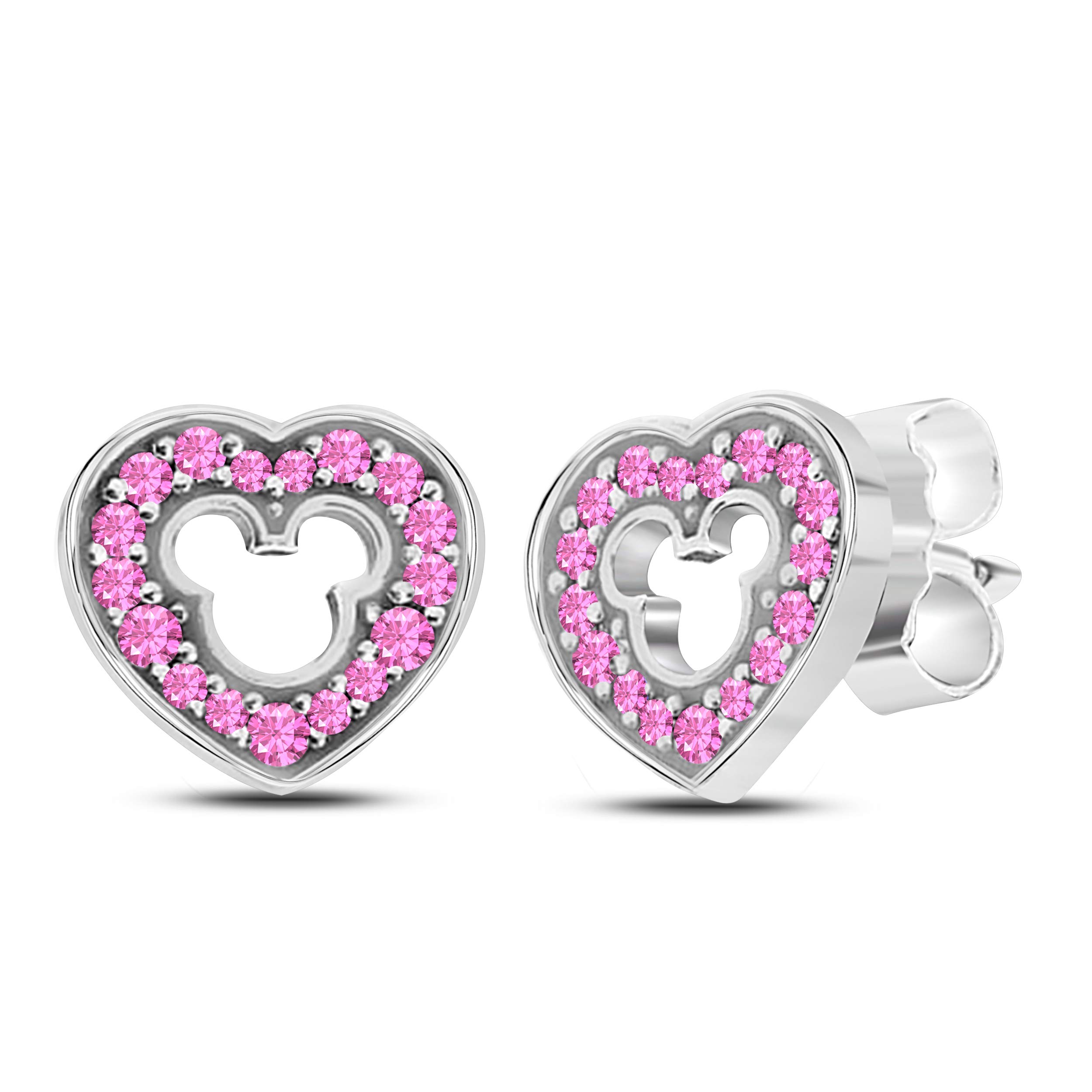 925 Sterling Silver Plated Mickey Mouse Love Heart Stud Earrings with Pink Sapphire Cubic Zirconia - Cute Disney Jewelry Gift for Girls & Women - Perfect for Valentine's Day, Birthdays & Everyday Wear