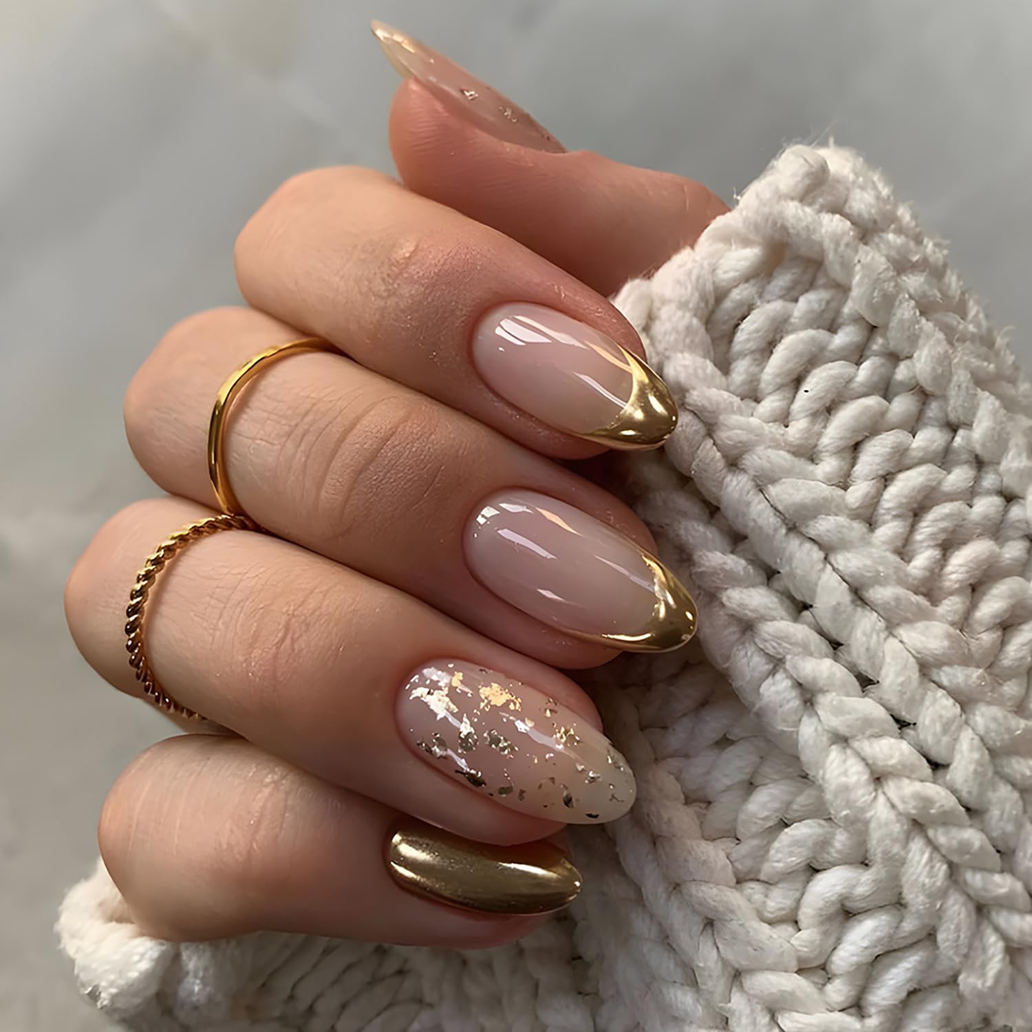 24pcs Gold French Tip Press on Nails - Medium Almond Fake Nails with Glitter | Full Cover Glue on Artificial Nails for Women | Perfect for Parties, Weddings & Daily Nail Art Decorations