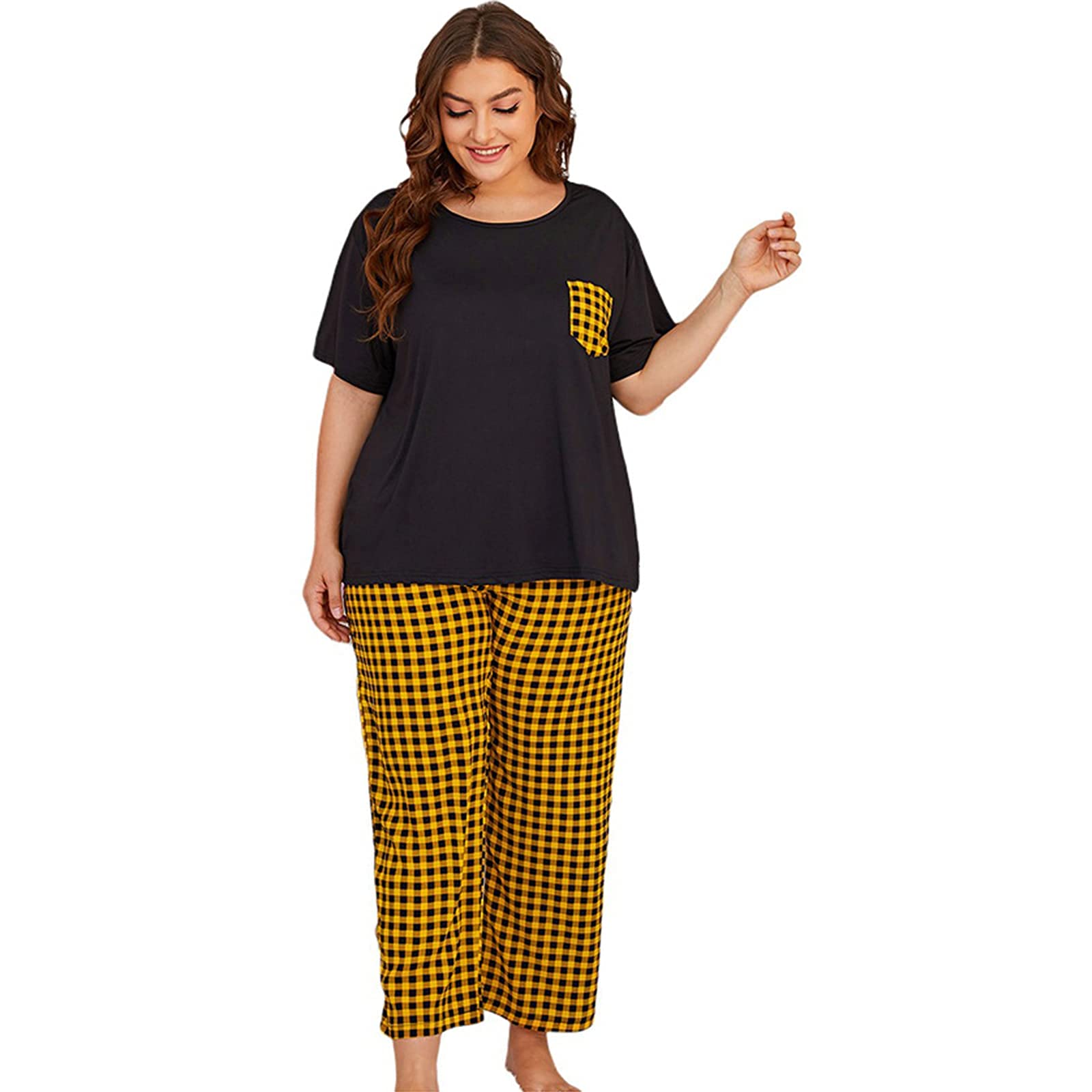 FMOGG Plus Size Women's Pajama Sets - Soft Short Sleeve Sleep Shirts & Plaid Lounge Pants with Pockets | Cozy Sleepwear for Women, Nightwear Outfits for Relaxing at Home or Lounging