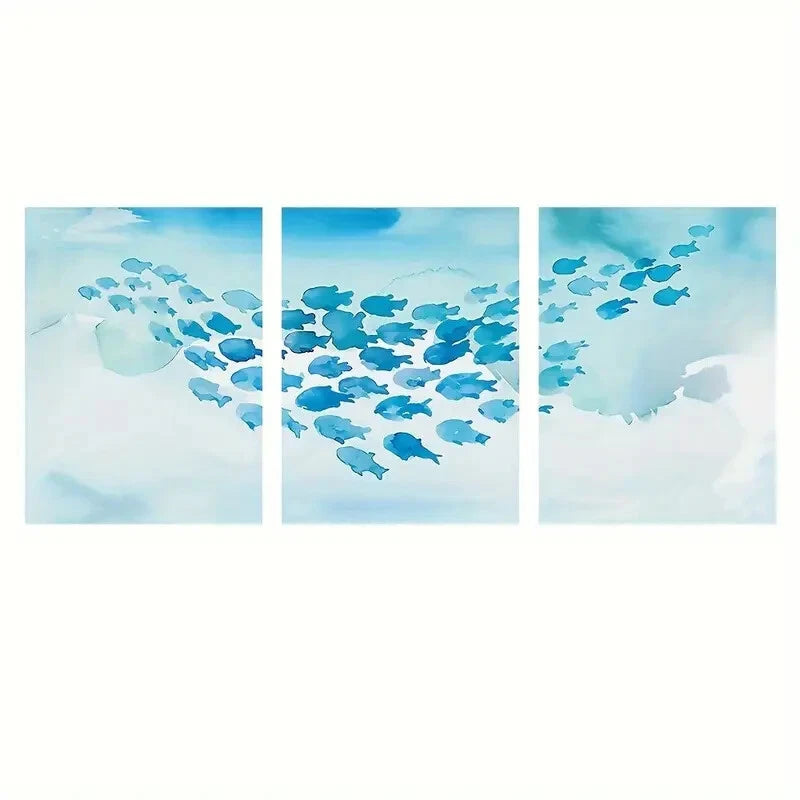 3-Piece Blue Minnows School Swimming Abstract Metal Wall Art - Ready to Hang Fish Decor for Living Room, Office & Coastal Home Decor