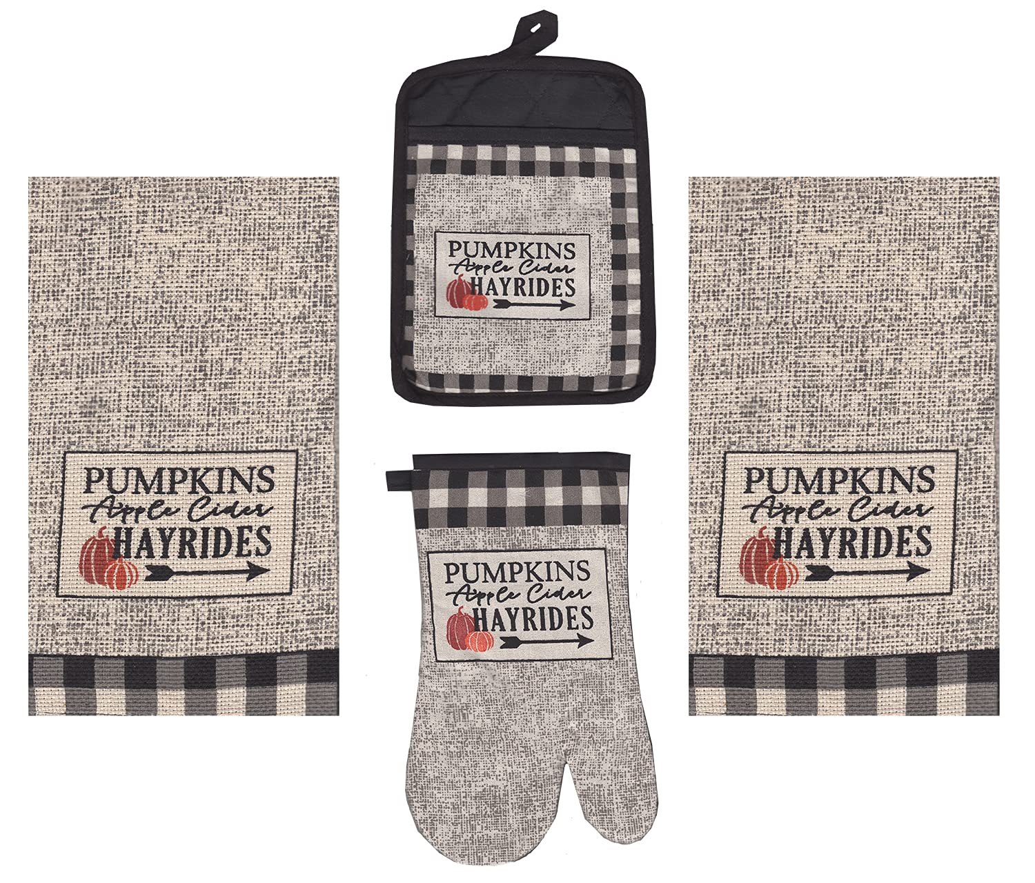 Buffalo Plaid Farmhouse Kitchen Linens Set - 4 Piece Fall Decor with Pumpkins, Apple Cider & Hayrides Print - Perfect for Autumn Tablescapes, Cozy Kitchens & Seasonal Entertaining