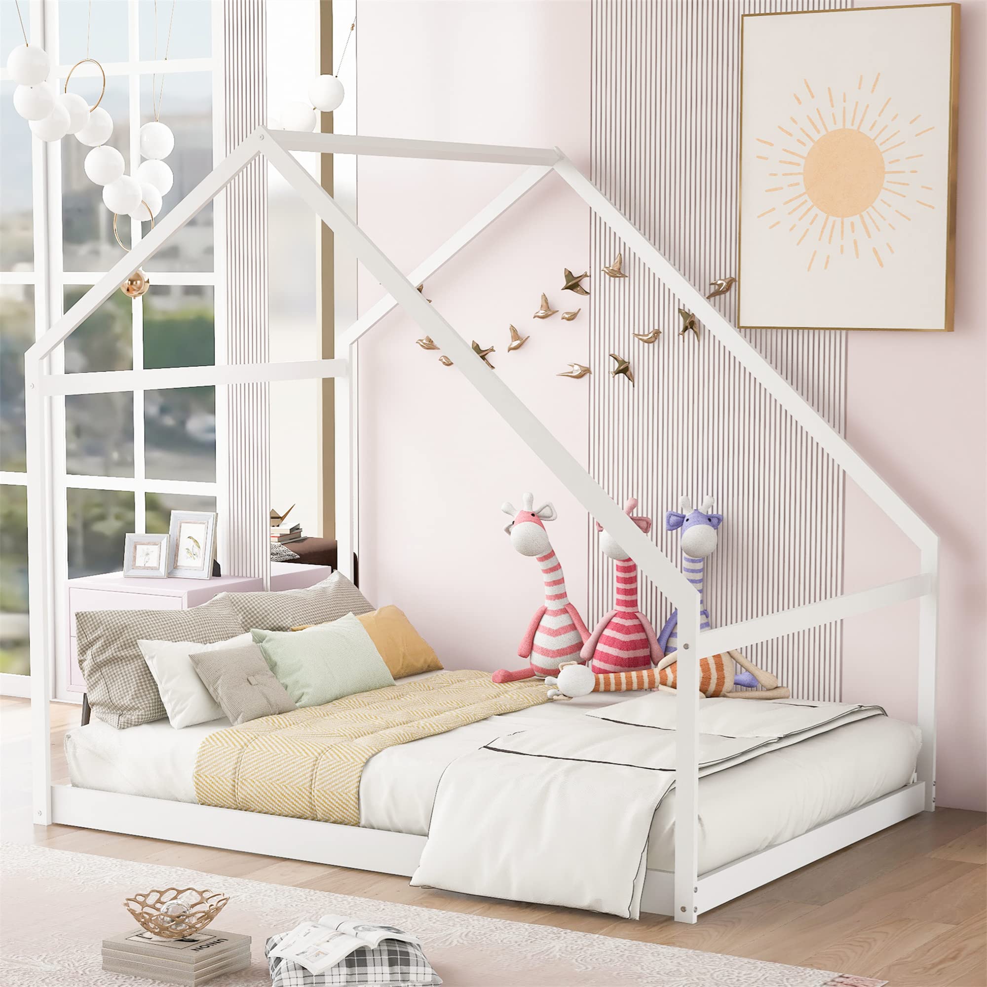 Harper&Bright Full Size Wooden House Bed Frame for Kids - Toddler, Boys & Girls Floor Bed - No Box Spring Needed - White - Perfect for Nursery, Bedroom & Playroom Decor