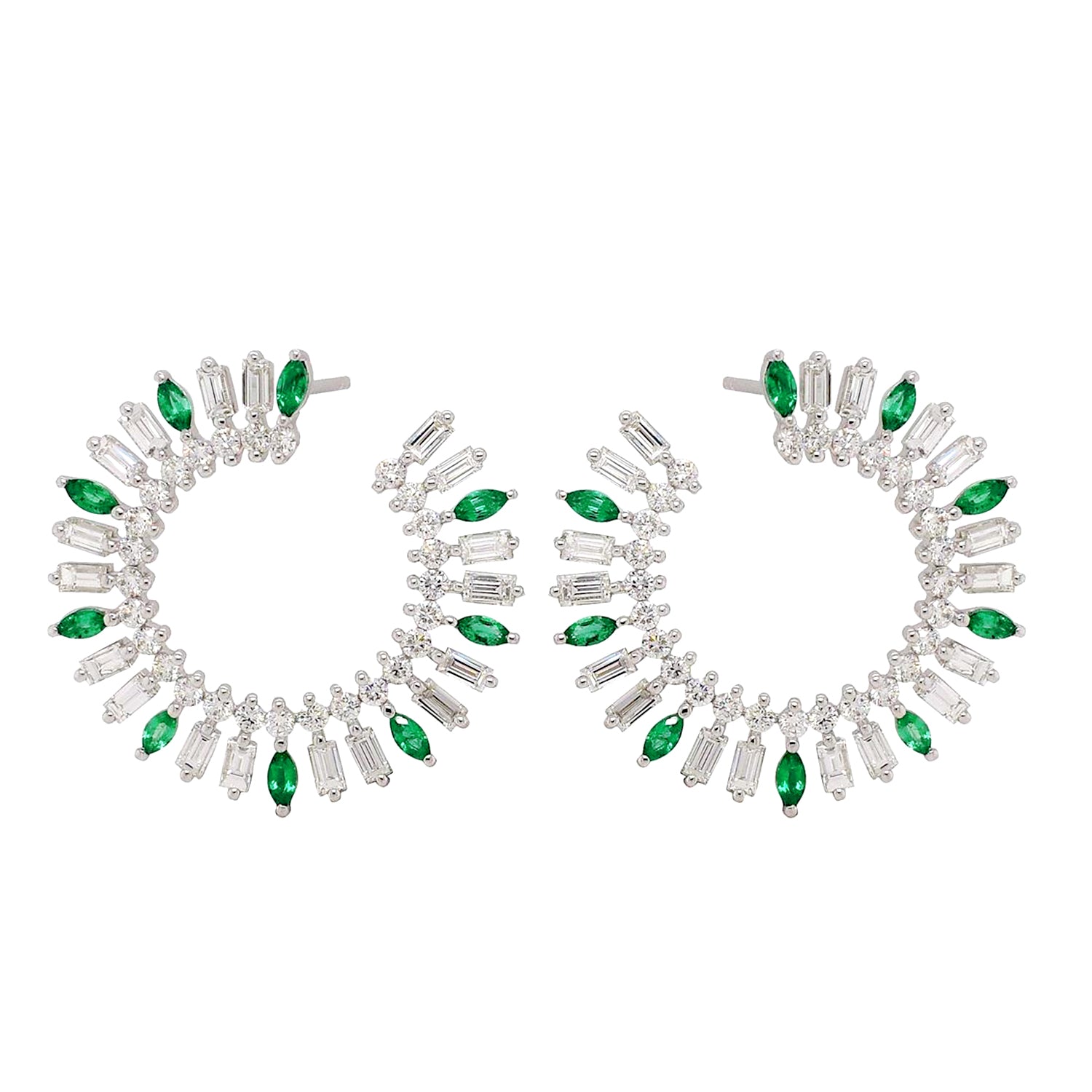 18K White Gold Marquise Cut Emerald Baguette Diamond Stud Earrings for Women - Elegant Wedding, Party & Evening Wear Jewelry