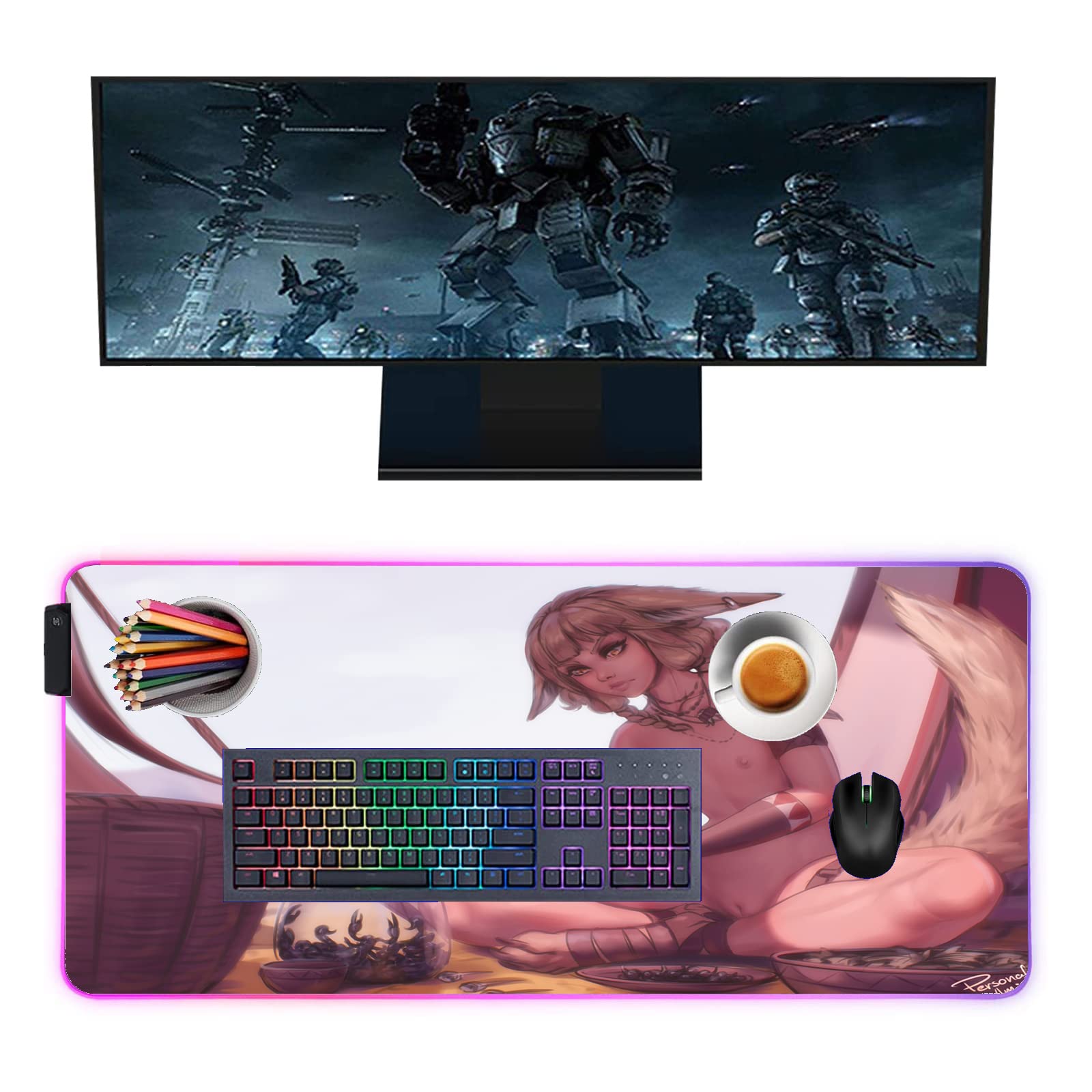 Anime Girl RGB Gaming Mouse Pad with LED Backlight - 27.55 x 12 Inch Large Desk Mat for Keyboard & Laptop - Perfect for PC Gaming Setup, Office Work & Home Decor
