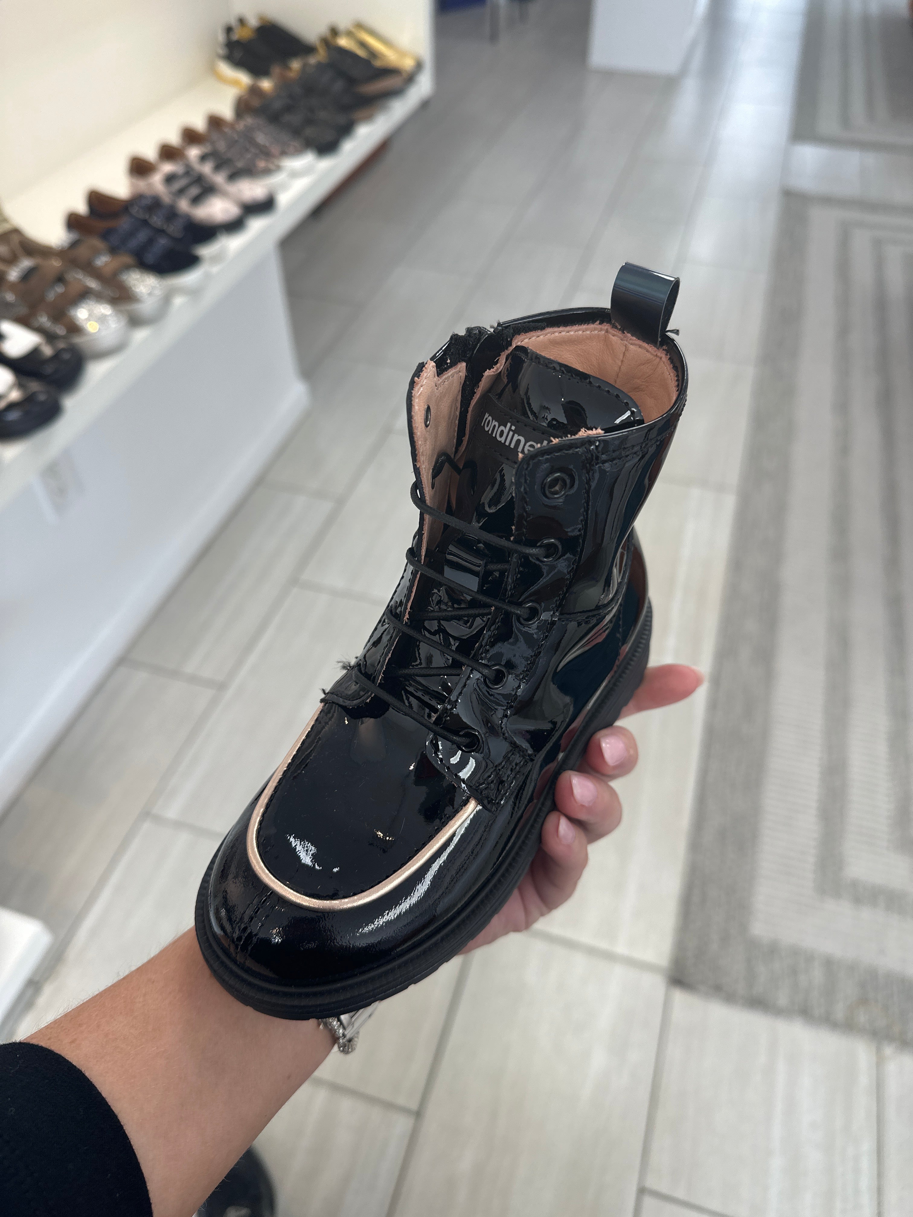 Stylish Rondinella Black Patent Leather & Rose Gold Ankle Booties for Women - Perfect for Fall Fashion, Date Nights & Office Wear