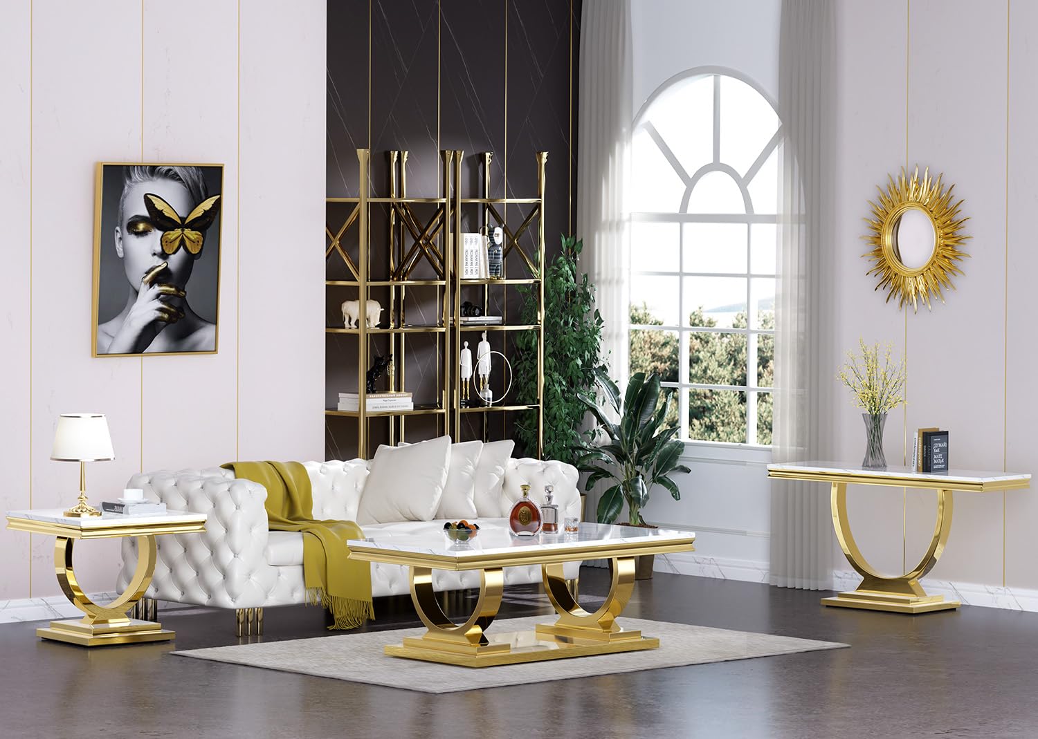 3-Piece Modern Faux Marble Coffee Table Set - White & Gold O-Shaped Stainless Steel Base - Includes Coffee Table, Console Table & End Table - Perfect for Living Room, Office & Small Spaces