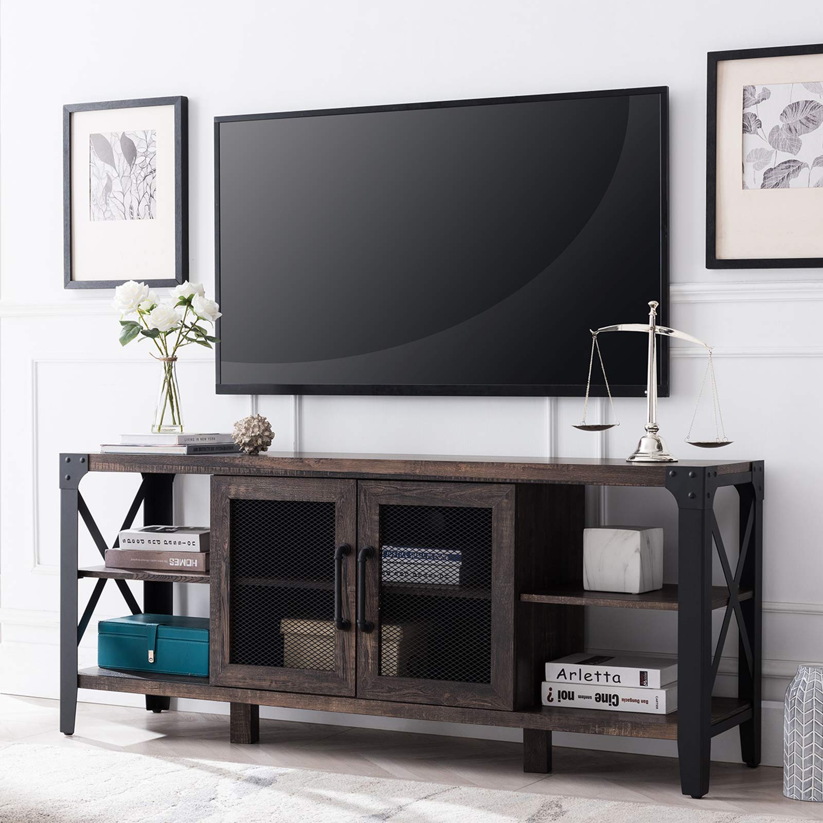 OKD Modern Industrial TV Stand for TVs up to 70 Inch - Rustic Farmhouse Entertainment Center with Sturdy Metal X-Frame & Adjustable Shelves - Dark Rustic Oak Wood TV Media Console - Perfect for Living Room, Home Theater & Office Setup