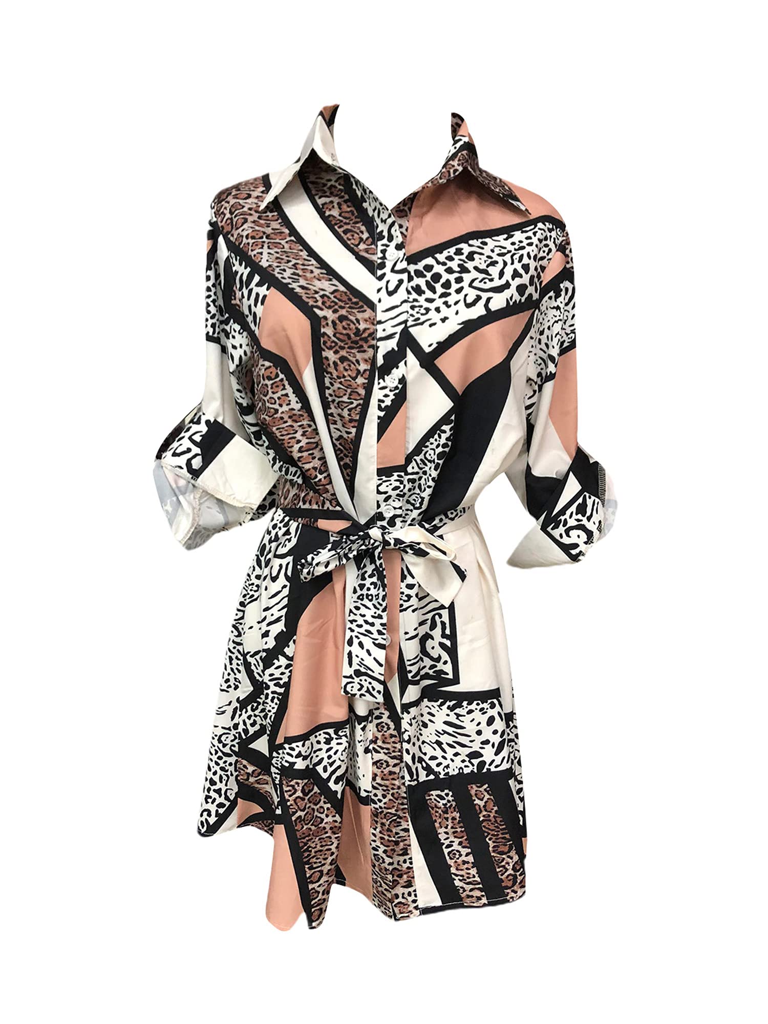 Women's Animal Print Tie-Waist Button-Down Pleated Dress with Roll-Up Sleeves | Casual & Office Wear | Perfect for Work, Date Night & Summer Outings
