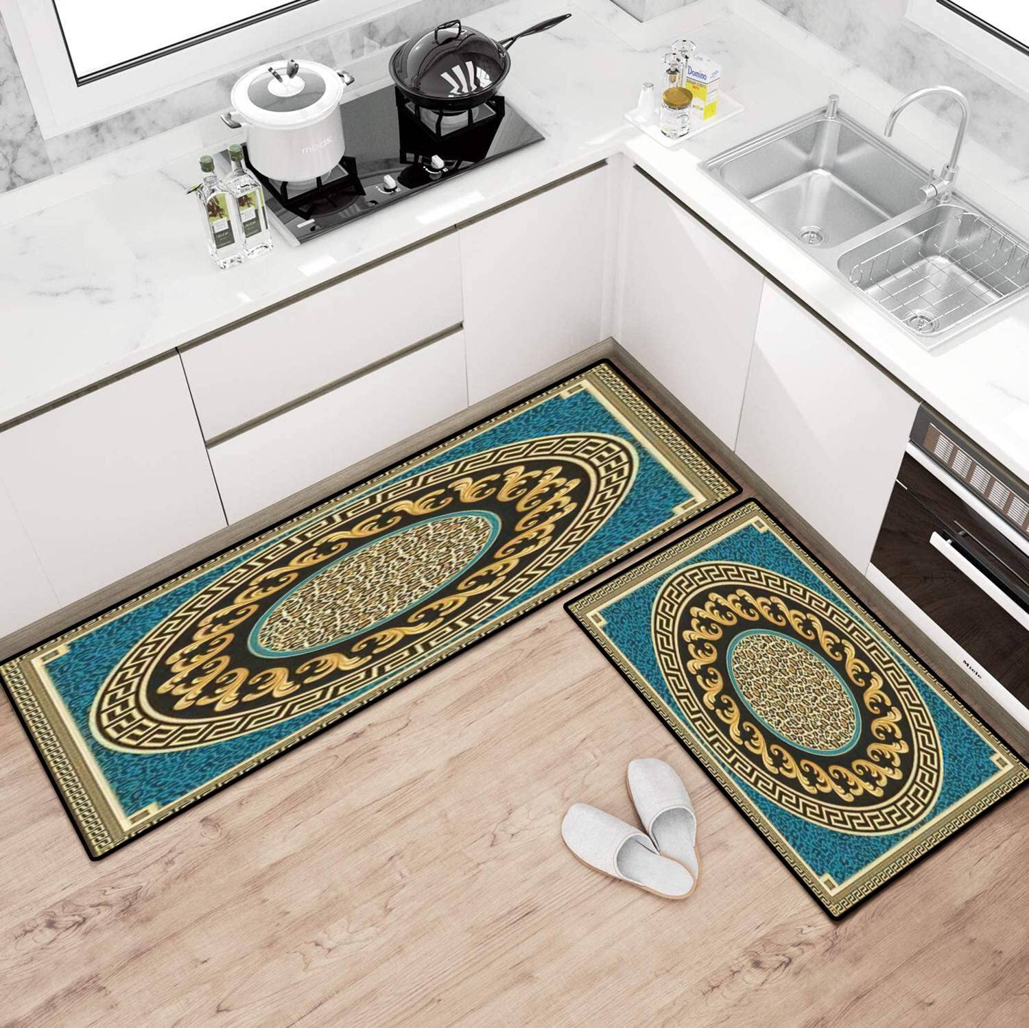 Non-Slip Washable Kitchen Rugs Set - Black Turquoise Leopard Print Floor Mat, Anti-Fatigue Standing Mat for Kitchen, Bathroom, Entryway Decor - Perfect for High-Traffic Areas and Comfortable Cooking