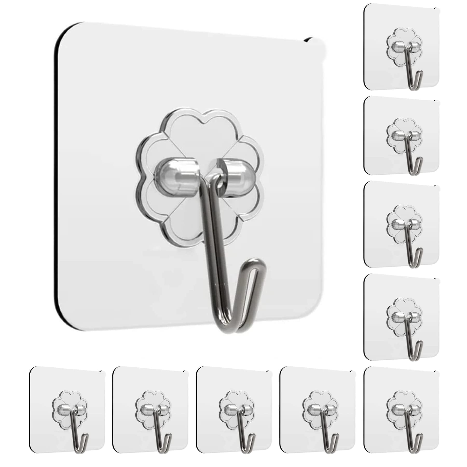 13lbs Heavy Duty Adhesive Wall Hooks - No Damage Picture Frame Hangers for Home & Office - Transparent Waterproof Rustproof Sticky Hooks - Perfect for Kitchen, Bathroom, Bedroom Organization (10 Pack)