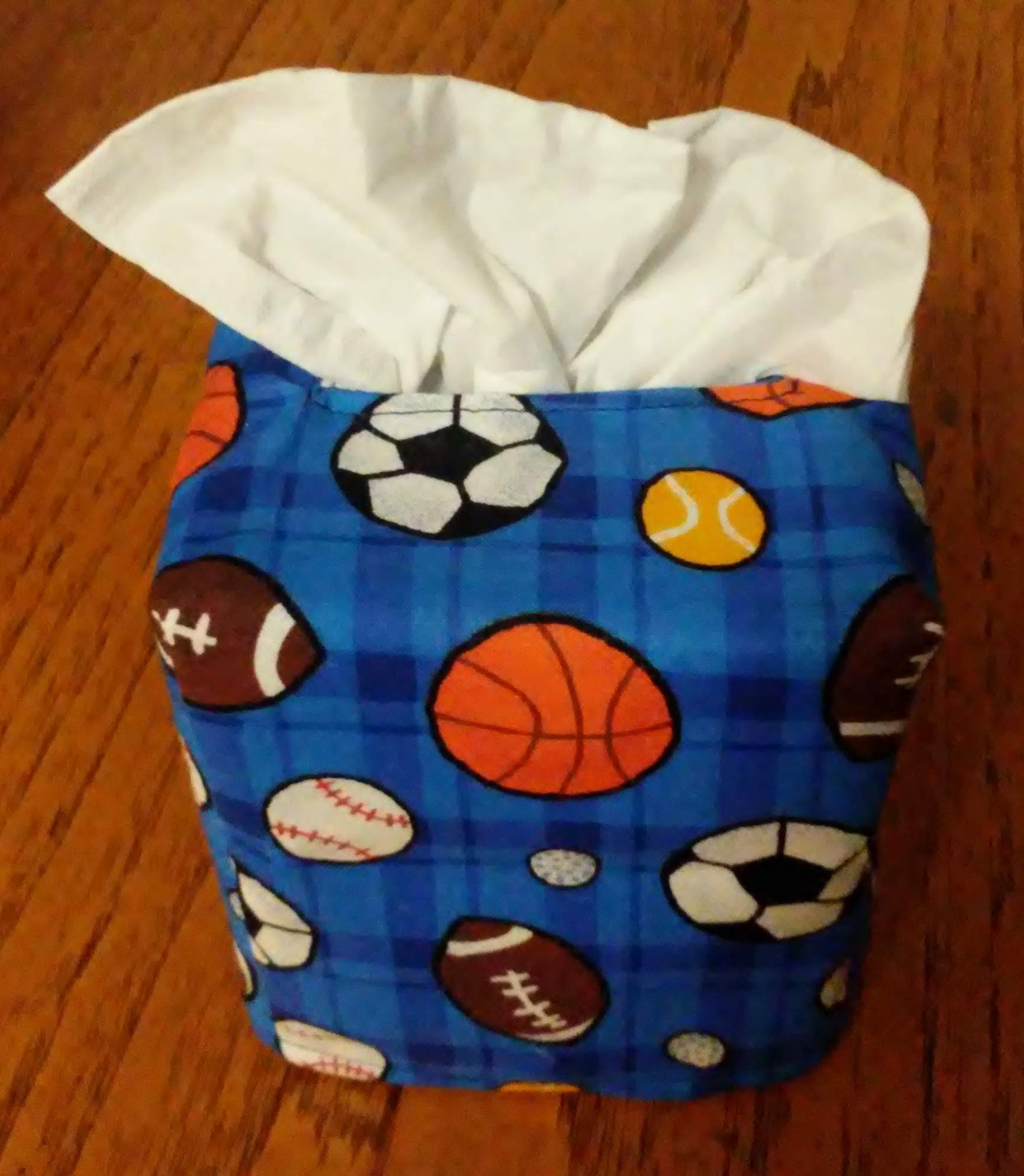 Handmade Square Tissue Box Cover with Sports Galore Design on Blue Plaid Fabric - Perfect for Home, Office, and Gift Giving