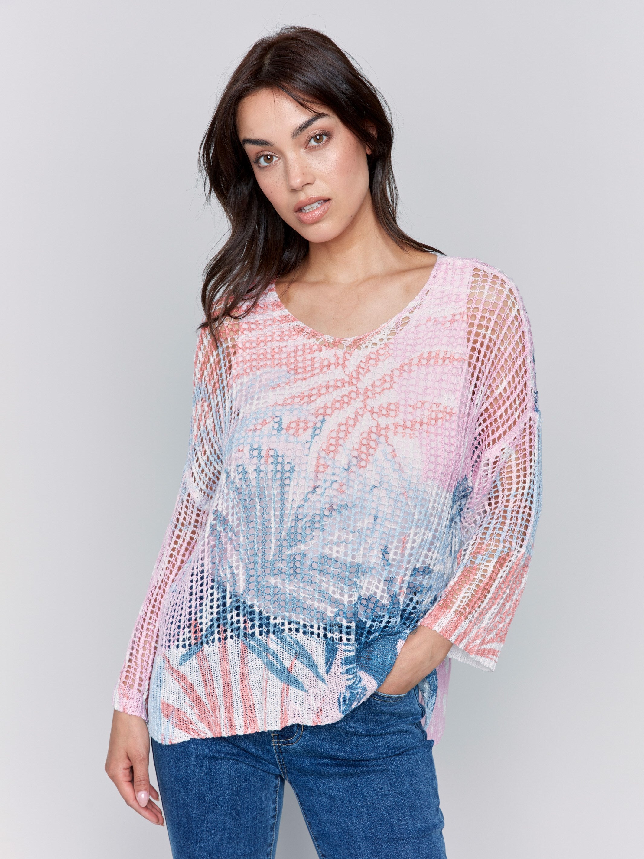 Printed Fishnet Crochet Sweater - Tropical Floral Design | Women's Fashion Top for Beach Vacation & Summer Outfits