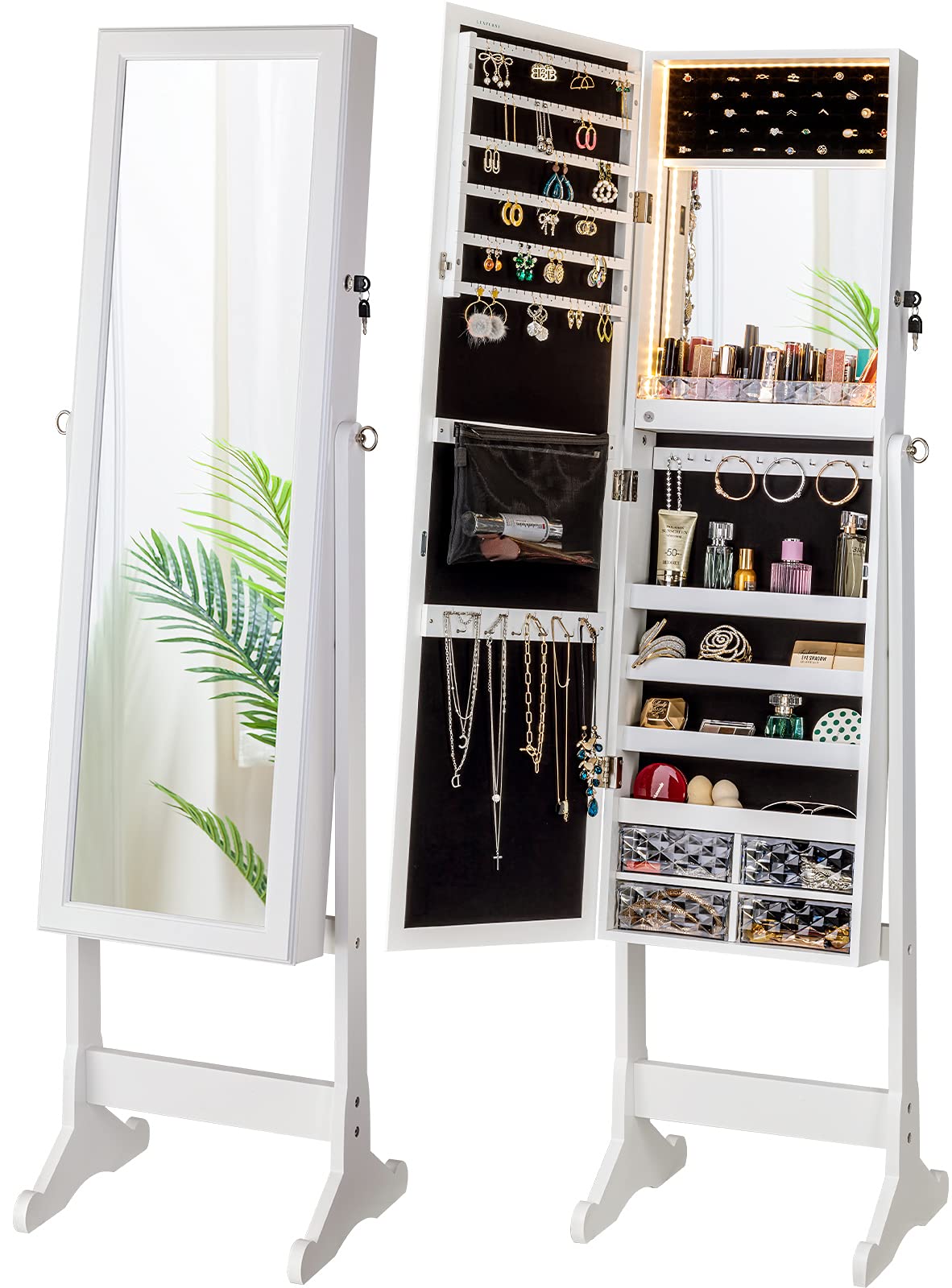 LUXFURNI LED Light Standing Jewelry Cabinet Armoire with Full Length Mirror - Lockable Large Storage Organizer with Drawers (White) | Perfect for Bedroom, Closet & Dressing Room Organization