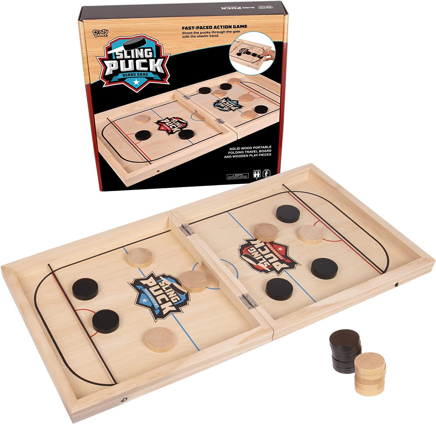 AST Sling Puck Game - Fast Action Wooden Tabletop Hockey Game for Adults & Kids - 14