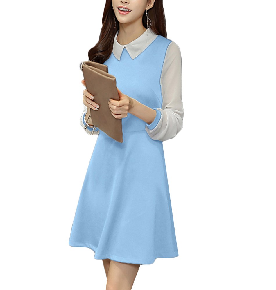 CHICFOR Women's Long Sleeve Flare Dress with Peter Pan Collar - Knee-Length Spring Tunic for Casual Wear & Office Outfits