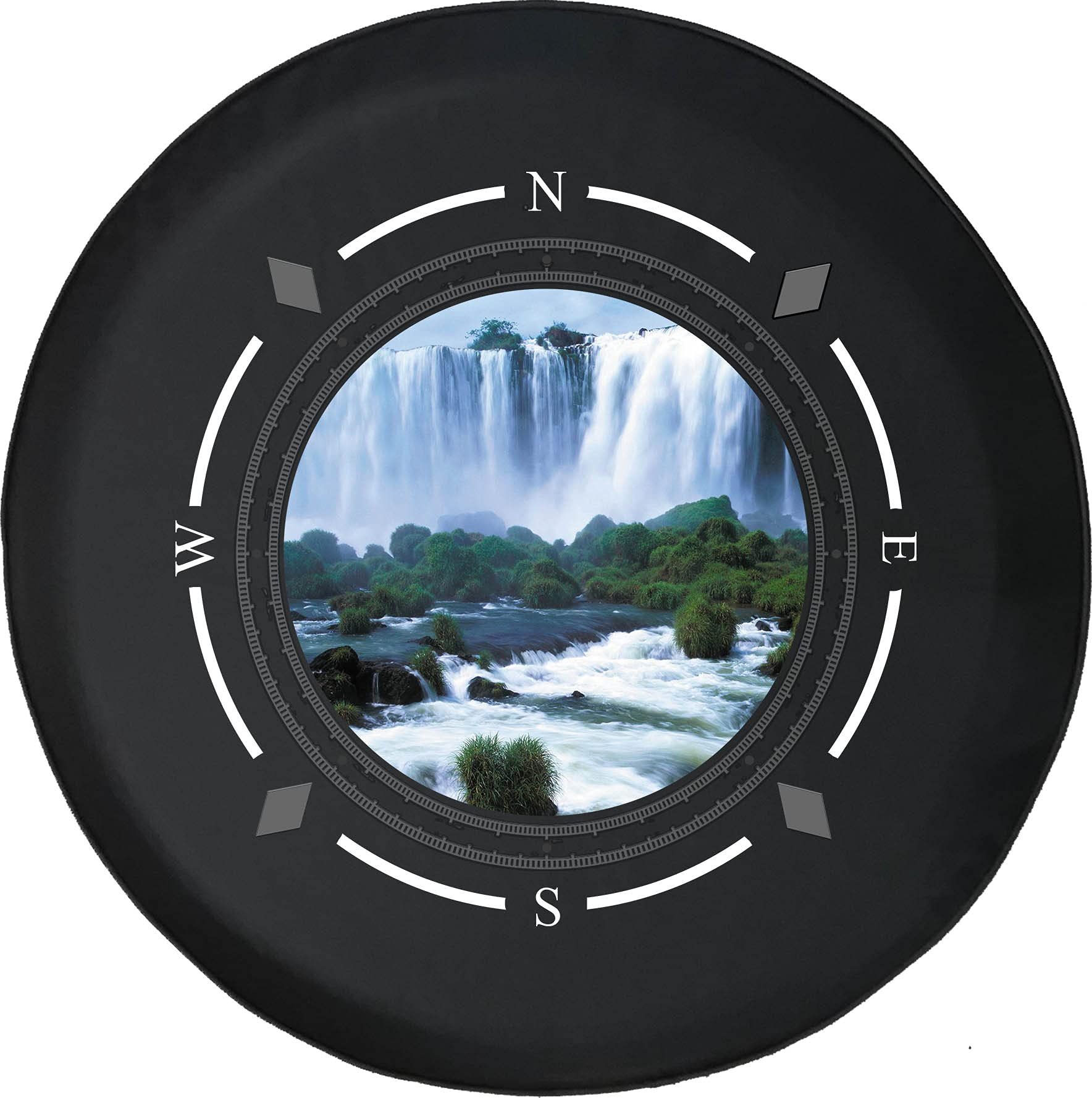American Unlimited Spare Tire Cover with Compass & Waterfall Design - Universal Fit for SUV, Trailer, RV & Most Vehicles - Perfect for Road Trips & Outdoor Adventures