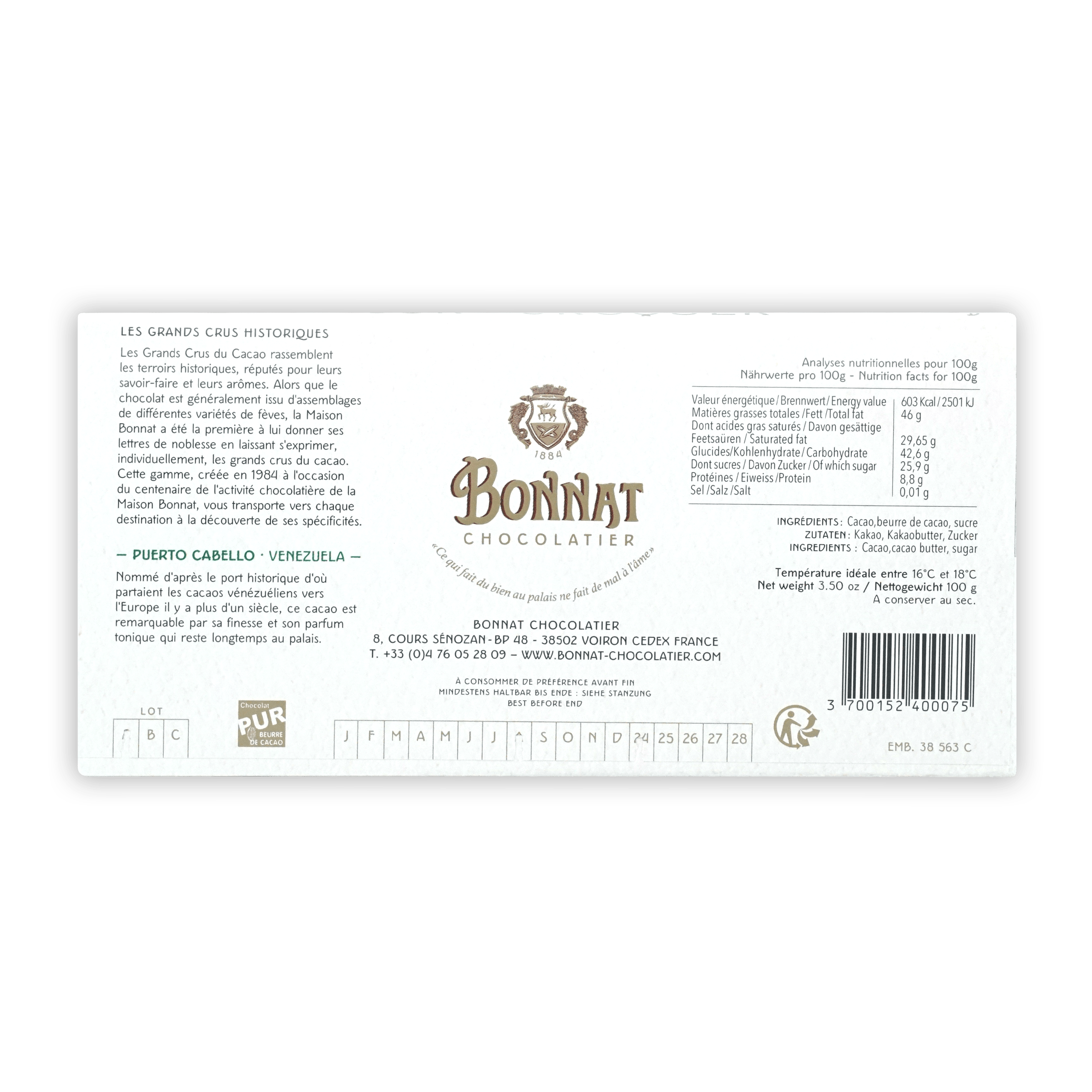 Premium Bonnat Puerto Cabello Venezuela 75% Dark Chocolate Bar - Rich Cocoa Flavor for Gourmet Desserts, Gift Giving & Special Occasions
