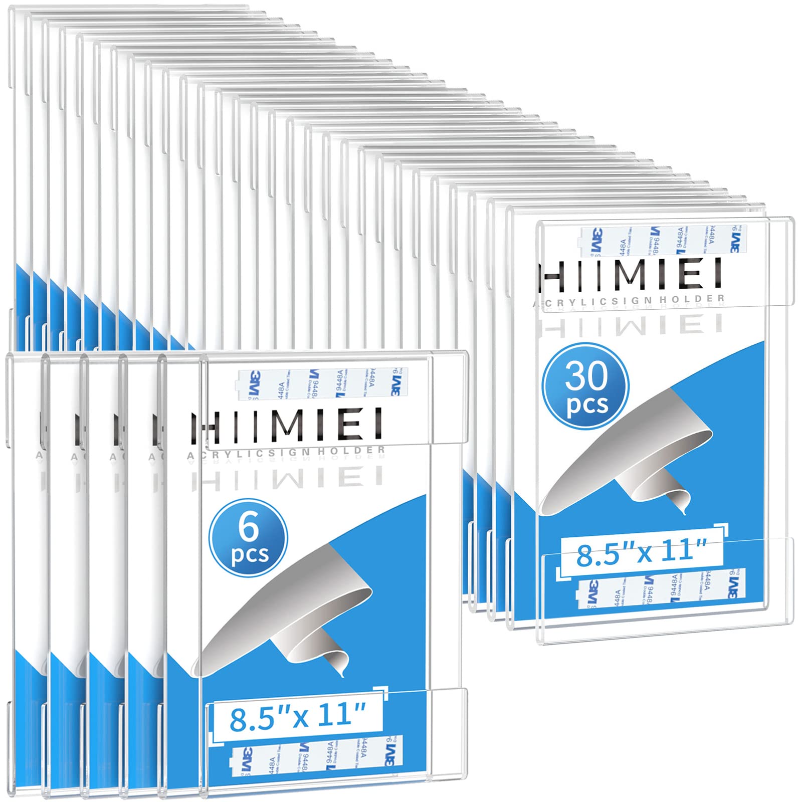 HIIMIEI 8.5x11 Acrylic Wall Sign Holder with 3M Tape (6 Pack + 30 Pack) - Clear Plastic Document Frames for Office, Retail, Restaurants & Home Decor