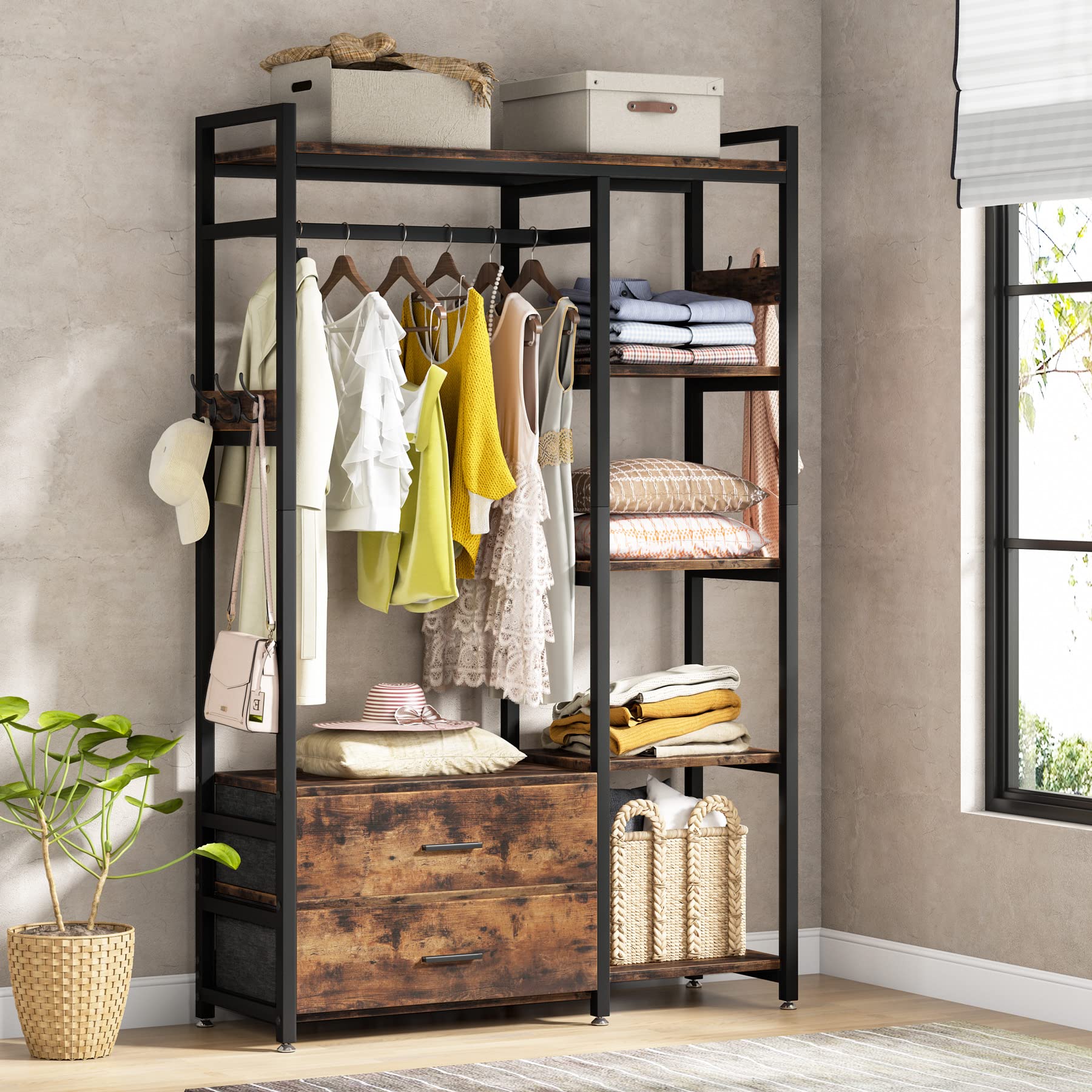 Tribesigns Freestanding Closet Organizer - Heavy Duty Garment Rack with Drawers & Shelves, Rustic Brown Wardrobe Storage for Bedroom, Living Room & Dorm - Perfect for Hanging Clothes, Organizing Accessories & Maximizing Small Spaces